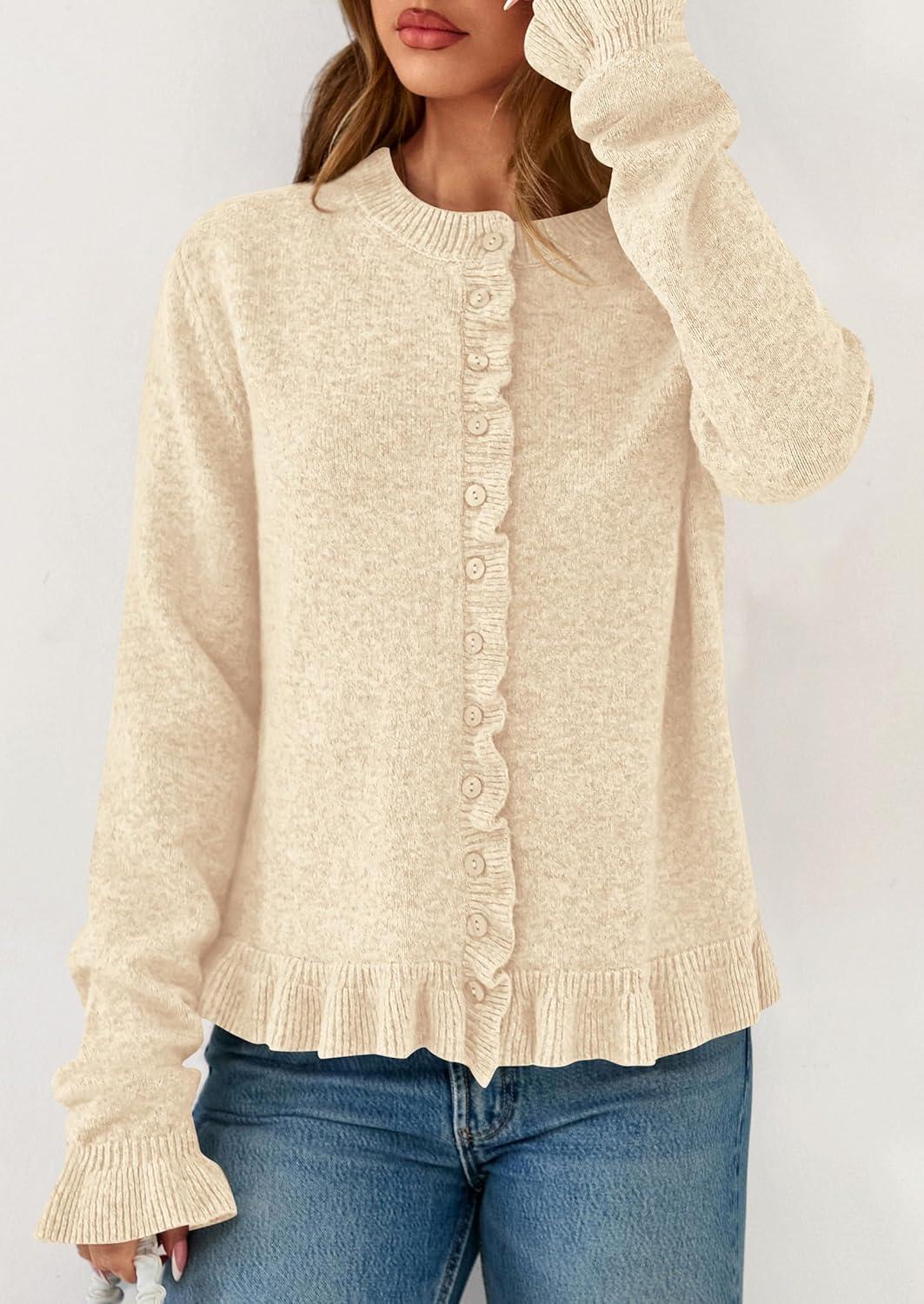imagePRETTYGARDEN Womens Fall Button Down Cardigans Chunky Knit Ruffle Open Front Cropped Cardigan Sweaters Soft Long Sleeve TopsBeige