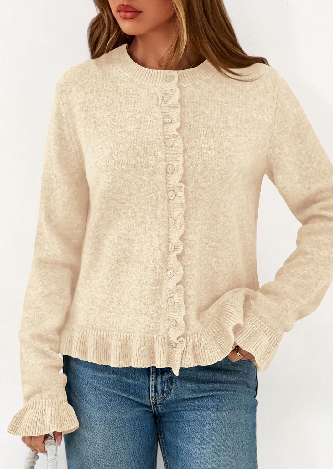 imagePRETTYGARDEN Womens Fall Button Down Cardigans Chunky Knit Ruffle Open Front Cropped Cardigan Sweaters Soft Long Sleeve TopsBeige