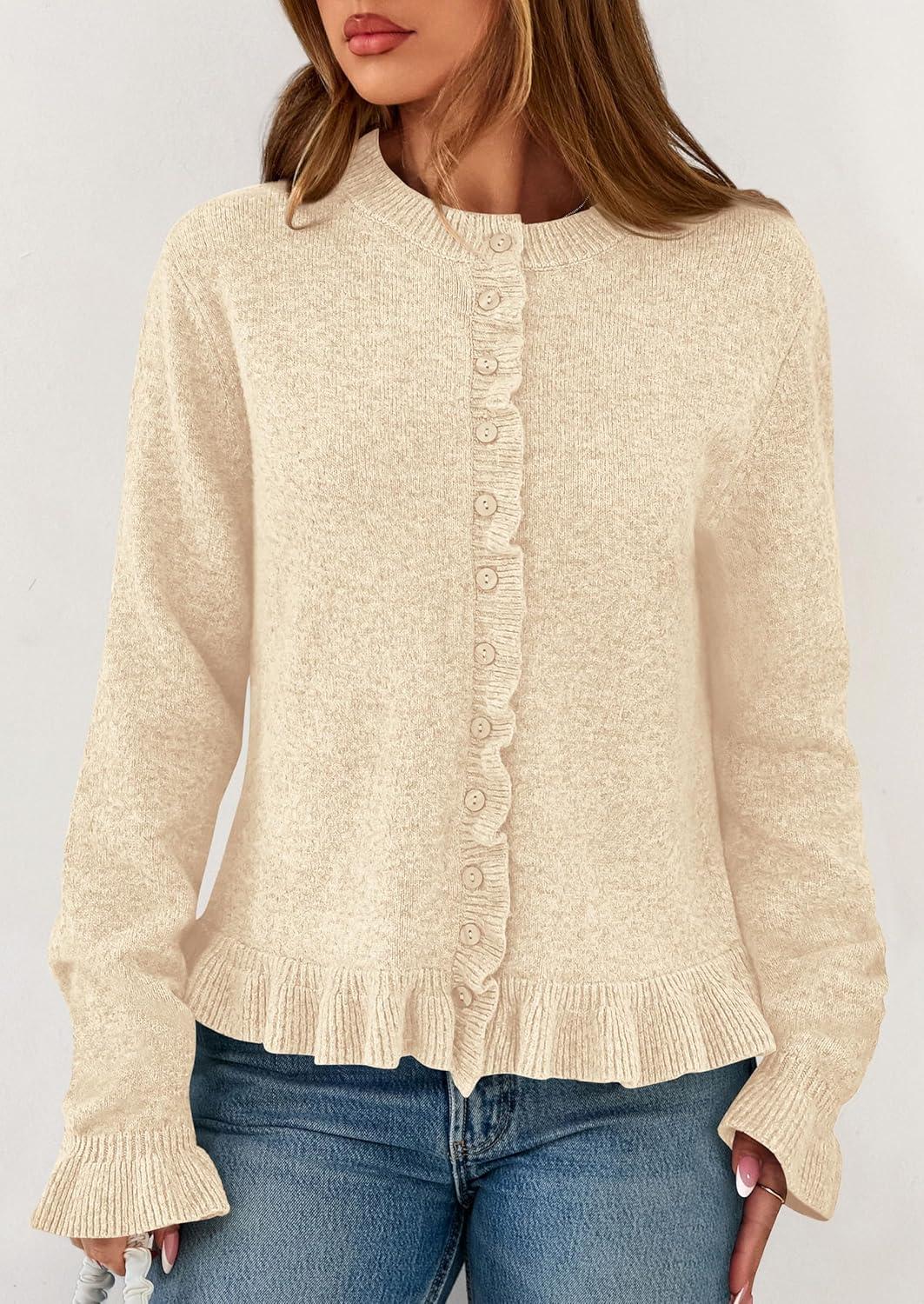 imagePRETTYGARDEN Womens Fall Button Down Cardigans Chunky Knit Ruffle Open Front Cropped Cardigan Sweaters Soft Long Sleeve TopsBeige