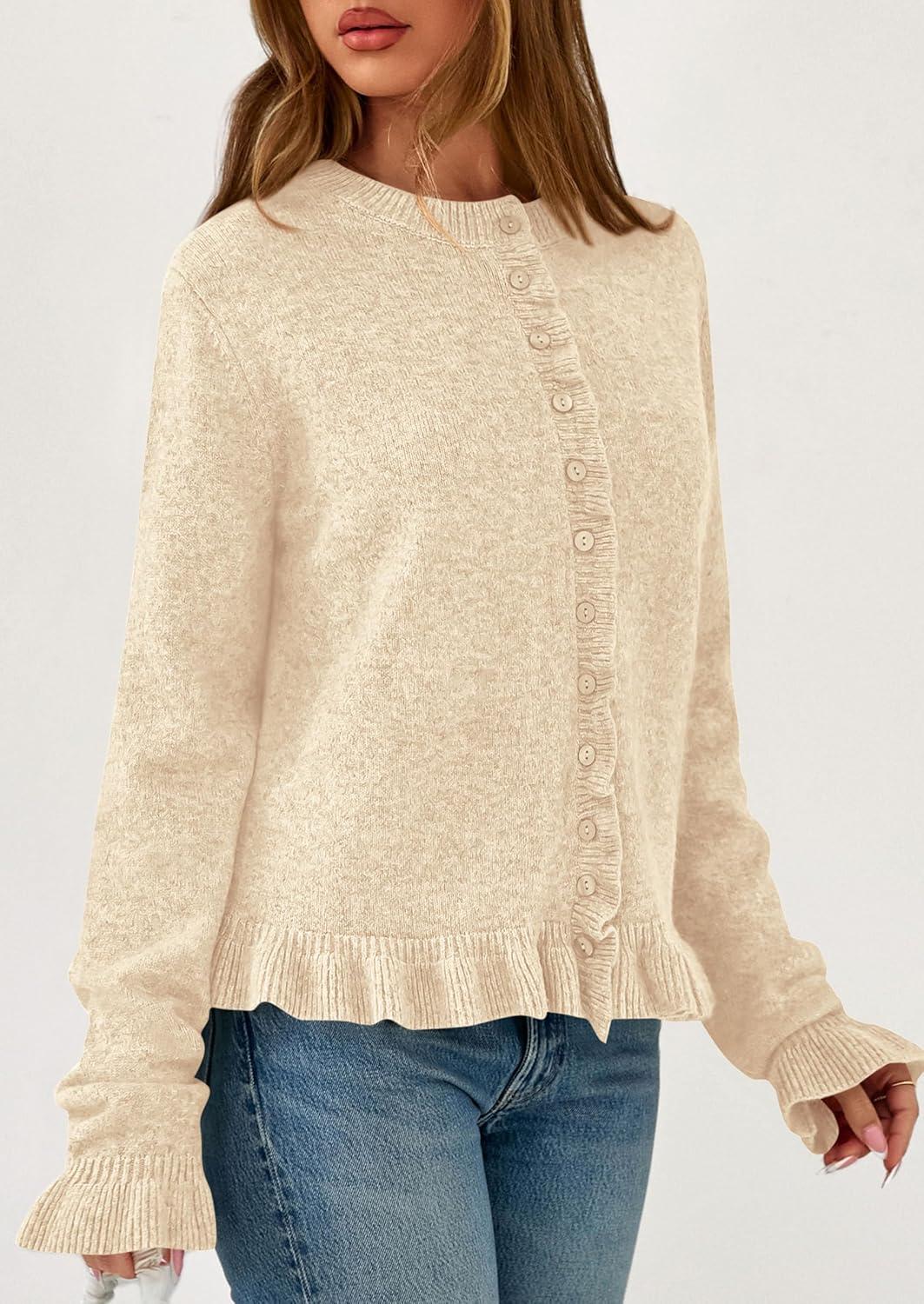 imagePRETTYGARDEN Womens Fall Button Down Cardigans Chunky Knit Ruffle Open Front Cropped Cardigan Sweaters Soft Long Sleeve TopsBeige