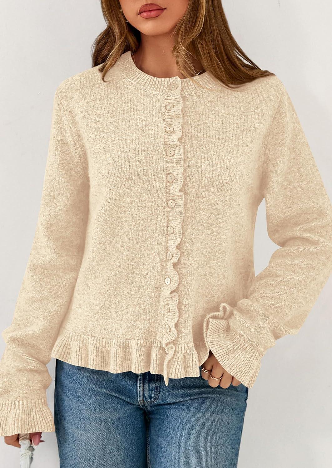imagePRETTYGARDEN Womens Fall Button Down Cardigans Chunky Knit Ruffle Open Front Cropped Cardigan Sweaters Soft Long Sleeve TopsBeige