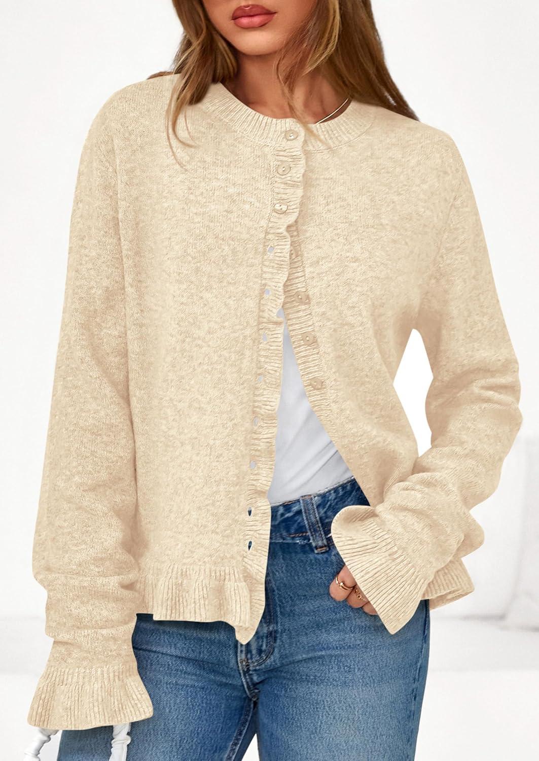 imagePRETTYGARDEN Womens Fall Button Down Cardigans Chunky Knit Ruffle Open Front Cropped Cardigan Sweaters Soft Long Sleeve TopsBeige