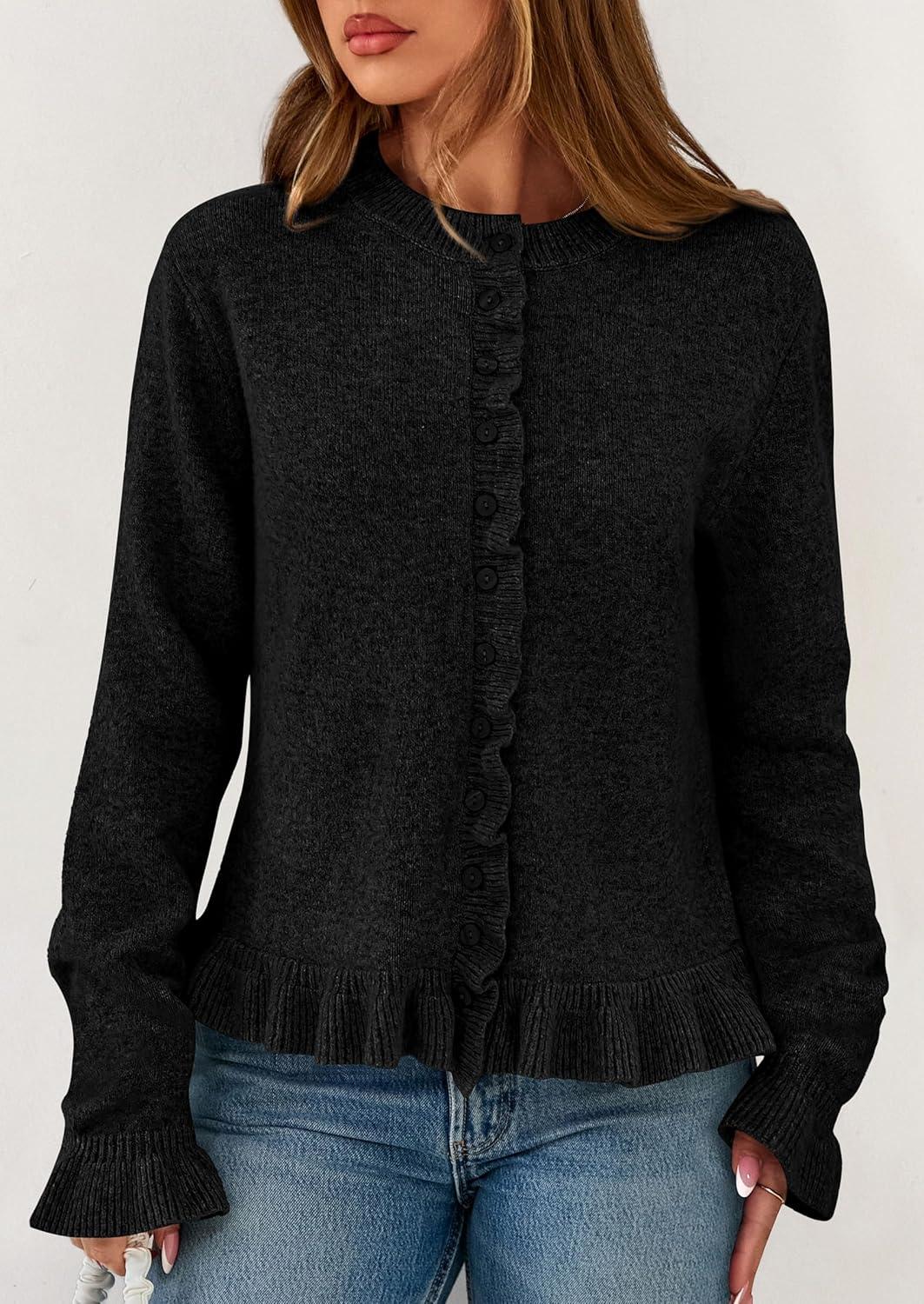 imagePRETTYGARDEN Womens Fall Button Down Cardigans Chunky Knit Ruffle Open Front Cropped Cardigan Sweaters Soft Long Sleeve TopsBlack