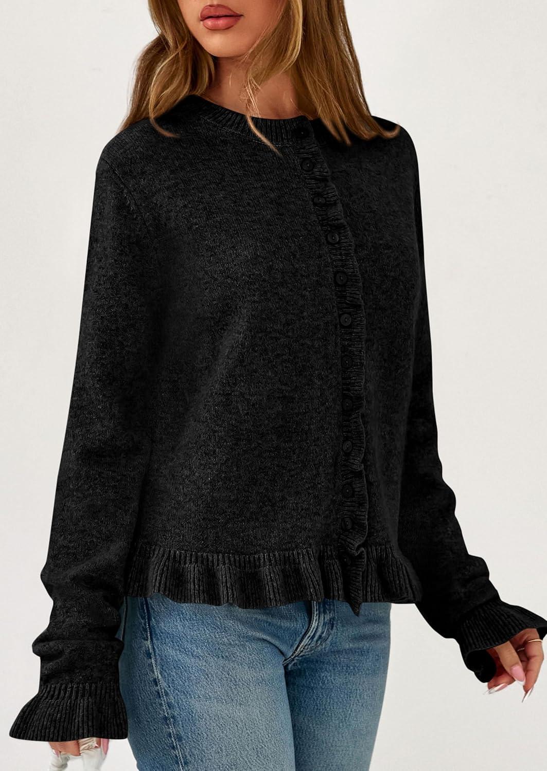 imagePRETTYGARDEN Womens Fall Button Down Cardigans Chunky Knit Ruffle Open Front Cropped Cardigan Sweaters Soft Long Sleeve TopsBlack