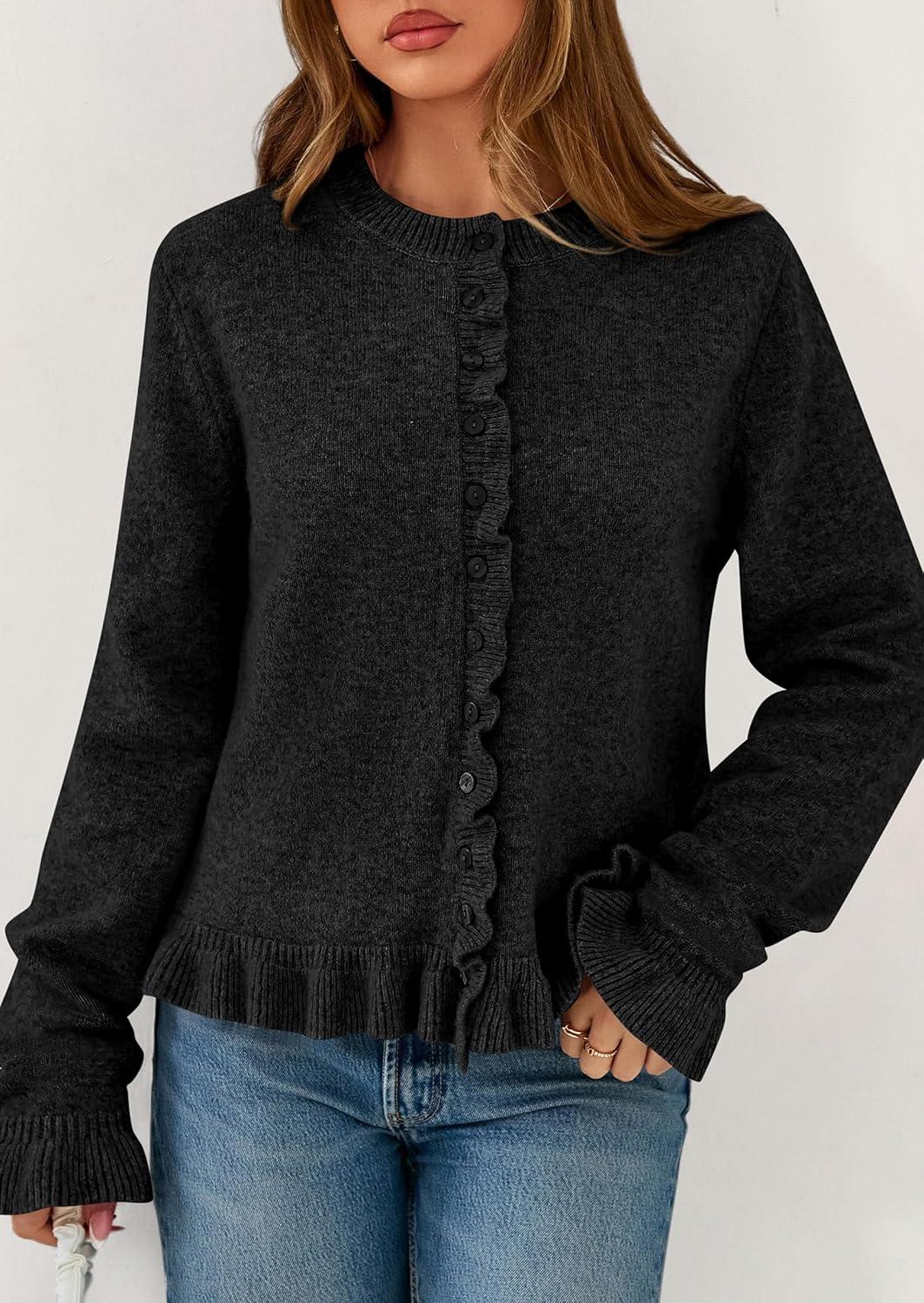 imagePRETTYGARDEN Womens Fall Button Down Cardigans Chunky Knit Ruffle Open Front Cropped Cardigan Sweaters Soft Long Sleeve TopsBlack