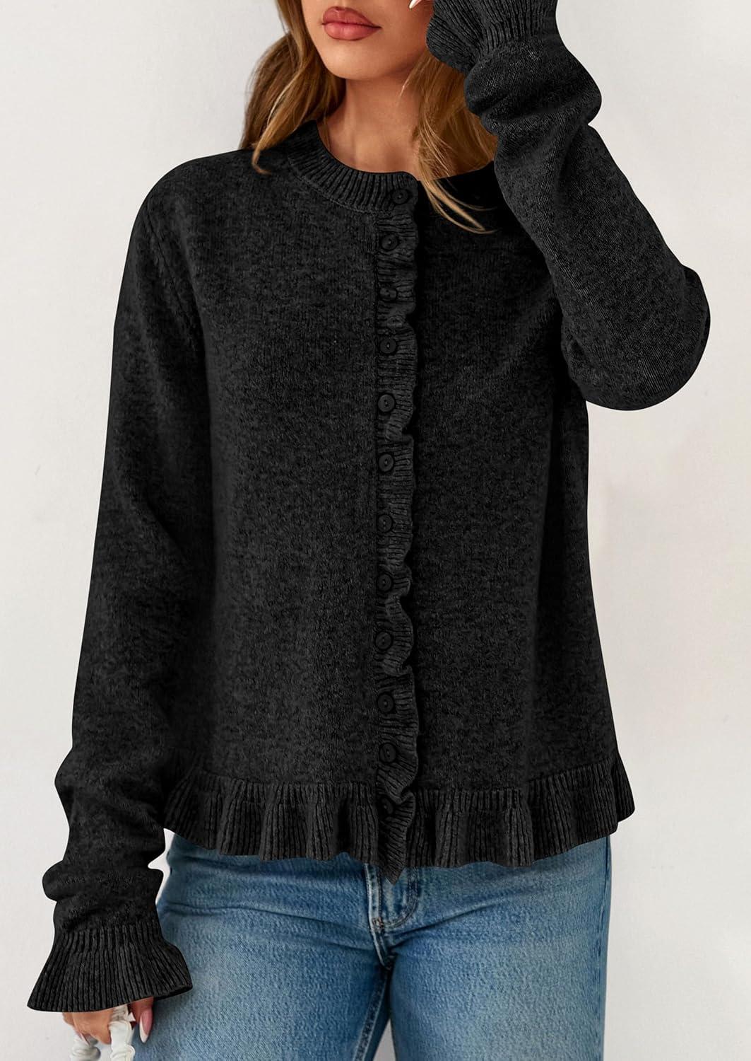 imagePRETTYGARDEN Womens Fall Button Down Cardigans Chunky Knit Ruffle Open Front Cropped Cardigan Sweaters Soft Long Sleeve TopsBlack