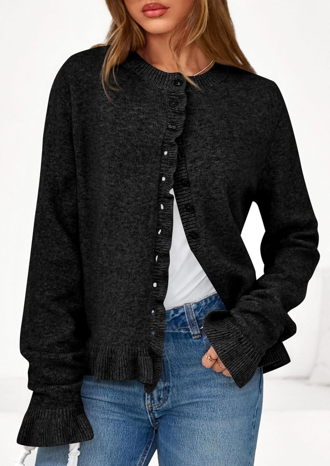 imagePRETTYGARDEN Womens Fall Button Down Cardigans Chunky Knit Ruffle Open Front Cropped Cardigan Sweaters Soft Long Sleeve TopsBlack