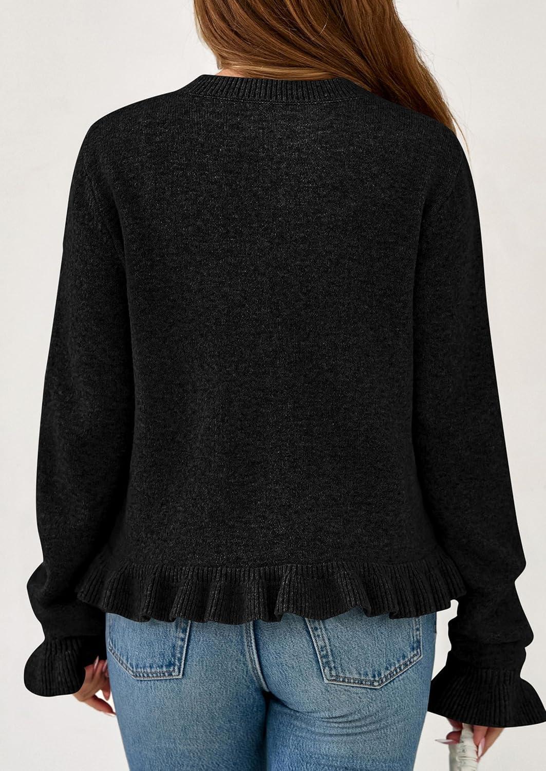 imagePRETTYGARDEN Womens Fall Button Down Cardigans Chunky Knit Ruffle Open Front Cropped Cardigan Sweaters Soft Long Sleeve TopsBlack
