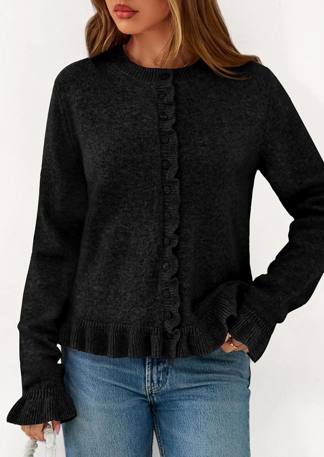 imagePRETTYGARDEN Womens Fall Button Down Cardigans Chunky Knit Ruffle Open Front Cropped Cardigan Sweaters Soft Long Sleeve TopsBlack