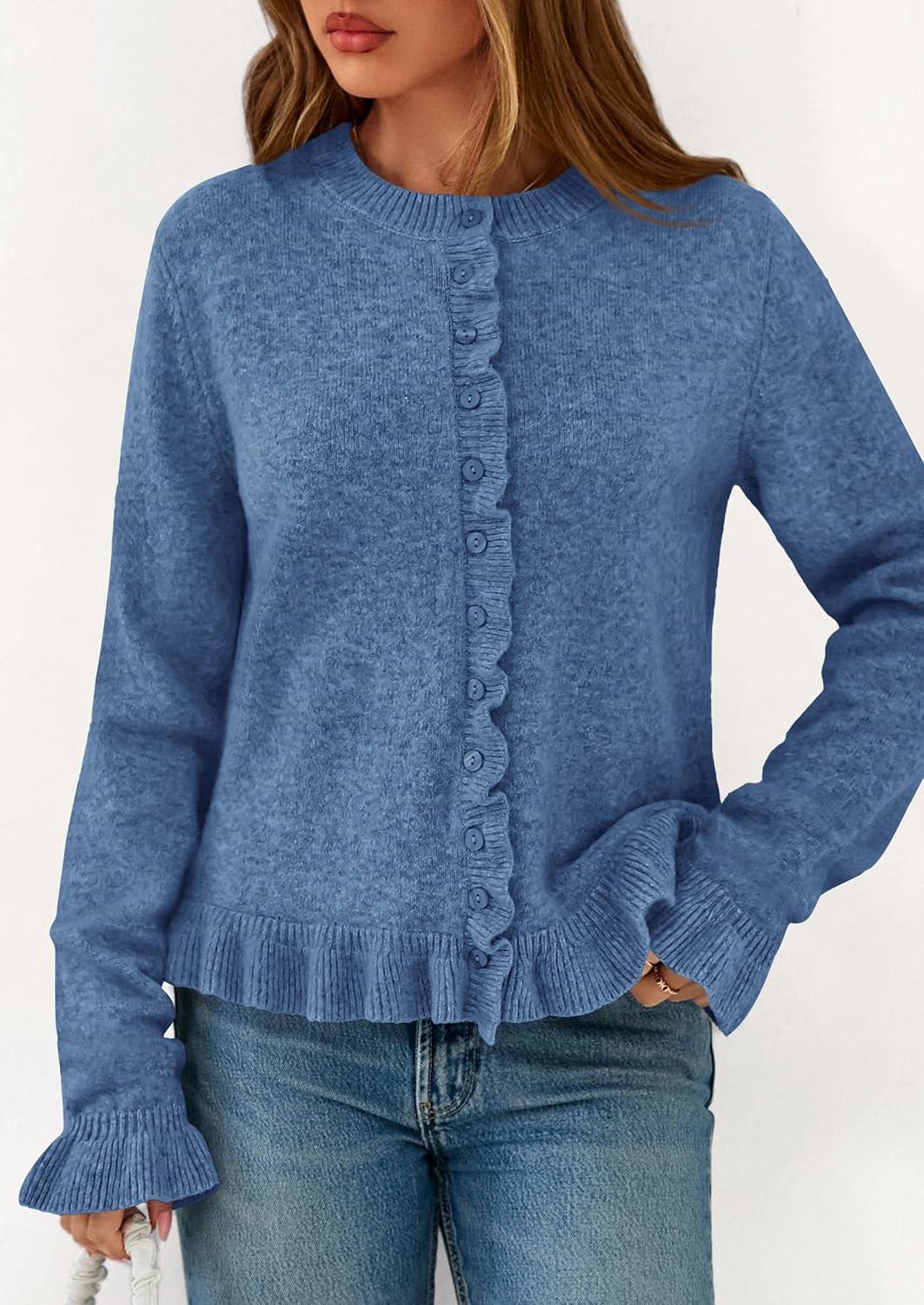 imagePRETTYGARDEN Womens Fall Button Down Cardigans Chunky Knit Ruffle Open Front Cropped Cardigan Sweaters Soft Long Sleeve TopsGrey Blue