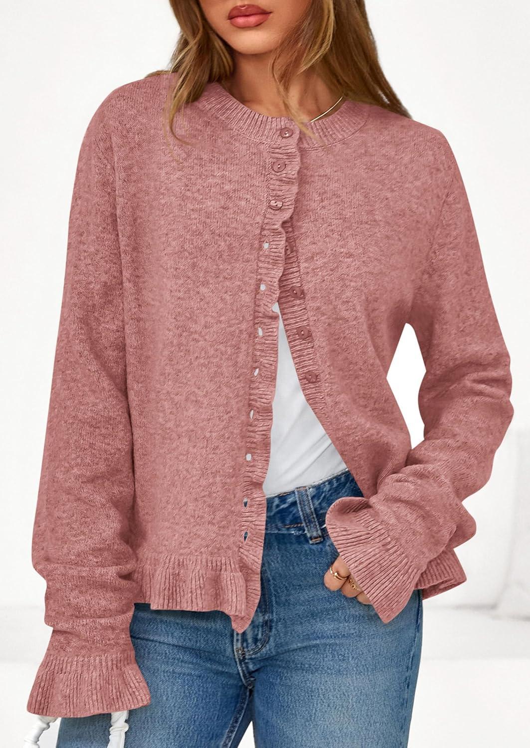 imagePRETTYGARDEN Womens Fall Button Down Cardigans Chunky Knit Ruffle Open Front Cropped Cardigan Sweaters Soft Long Sleeve TopsGrey Pink