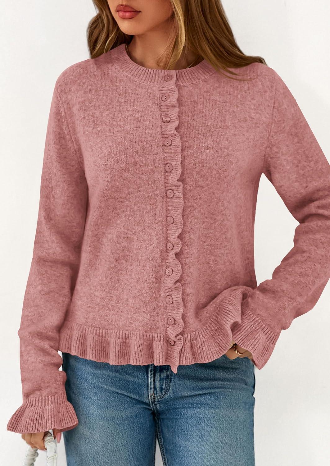 imagePRETTYGARDEN Womens Fall Button Down Cardigans Chunky Knit Ruffle Open Front Cropped Cardigan Sweaters Soft Long Sleeve TopsGrey Pink
