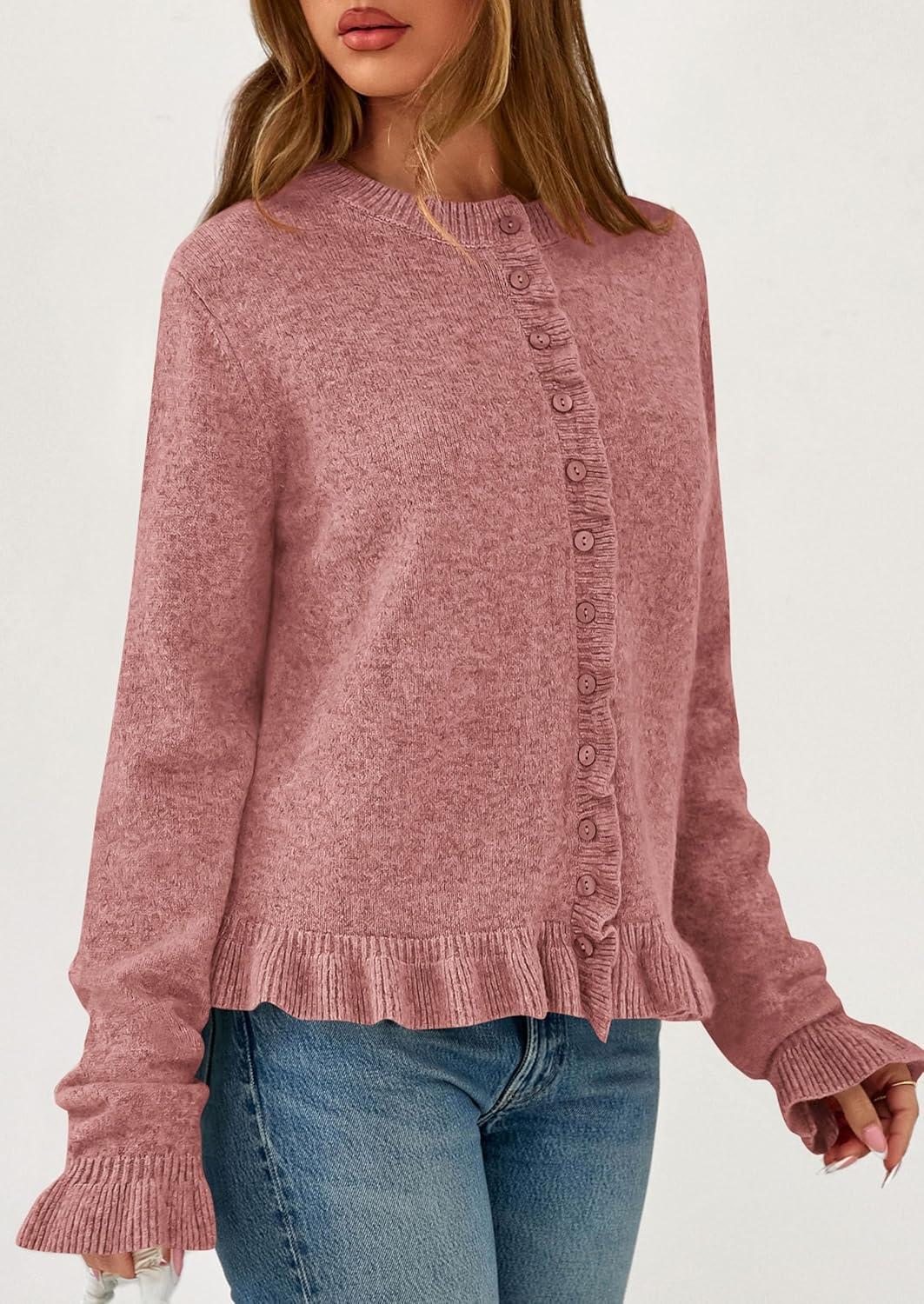 imagePRETTYGARDEN Womens Fall Button Down Cardigans Chunky Knit Ruffle Open Front Cropped Cardigan Sweaters Soft Long Sleeve TopsGrey Pink