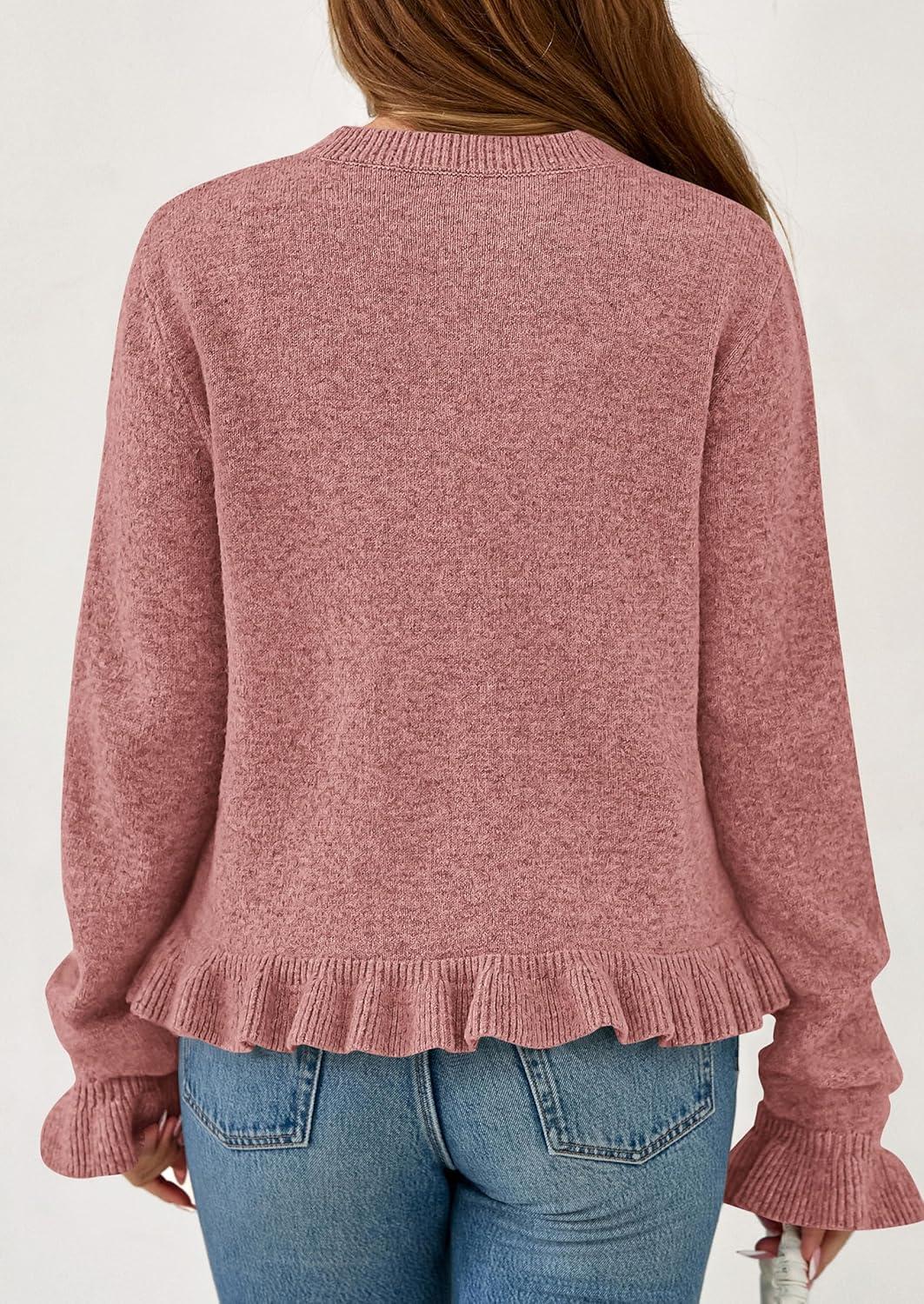 imagePRETTYGARDEN Womens Fall Button Down Cardigans Chunky Knit Ruffle Open Front Cropped Cardigan Sweaters Soft Long Sleeve TopsGrey Pink