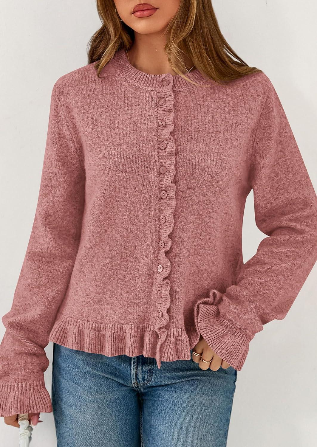 imagePRETTYGARDEN Womens Fall Button Down Cardigans Chunky Knit Ruffle Open Front Cropped Cardigan Sweaters Soft Long Sleeve TopsGrey Pink