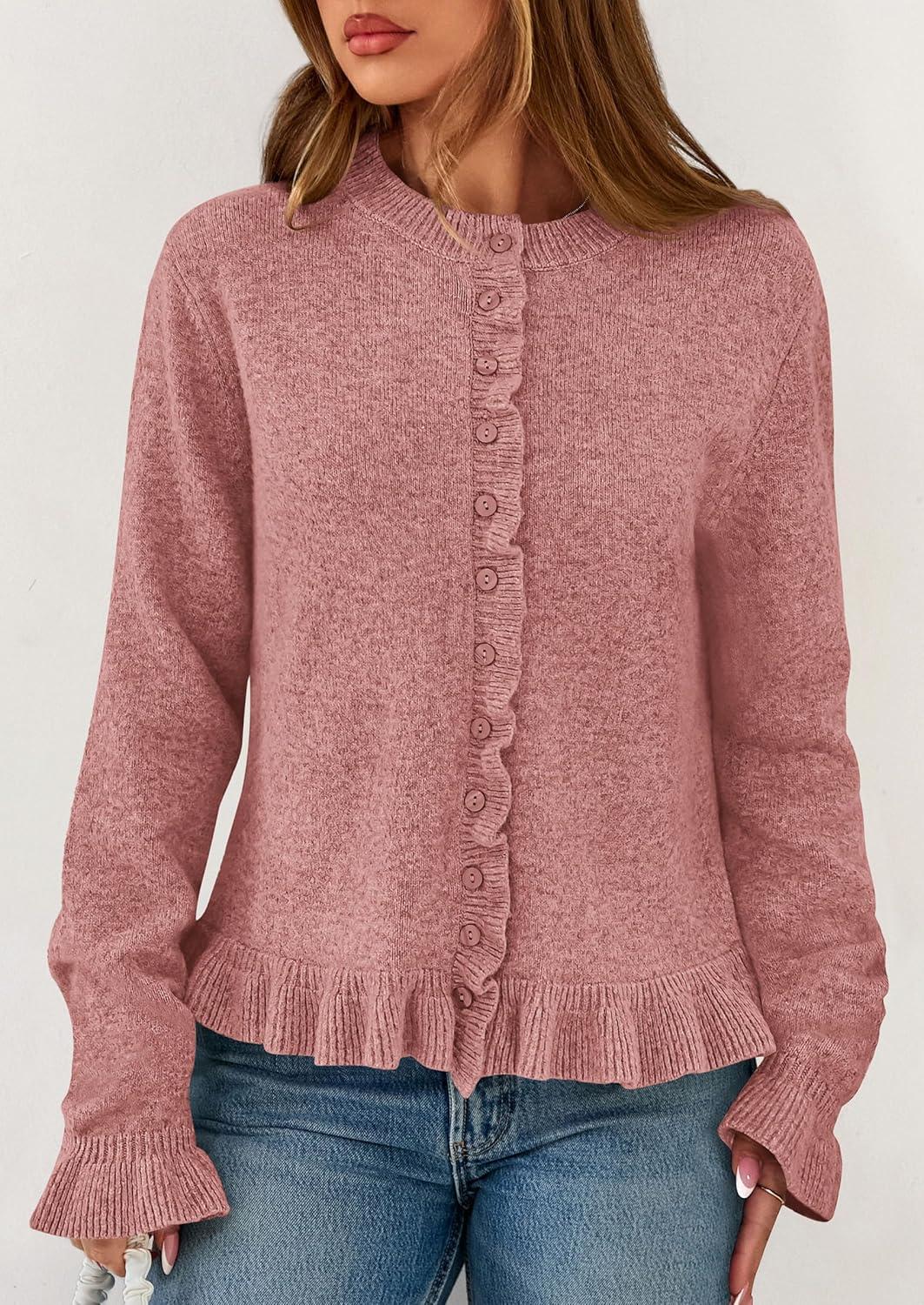 imagePRETTYGARDEN Womens Fall Button Down Cardigans Chunky Knit Ruffle Open Front Cropped Cardigan Sweaters Soft Long Sleeve TopsGrey Pink