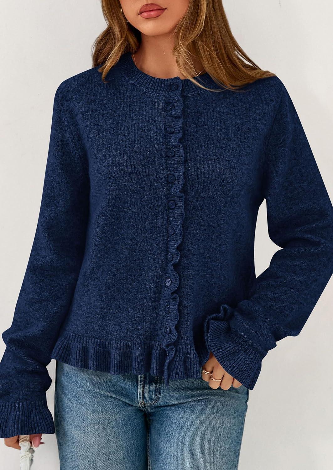 imagePRETTYGARDEN Womens Fall Button Down Cardigans Chunky Knit Ruffle Open Front Cropped Cardigan Sweaters Soft Long Sleeve TopsNavy Blue