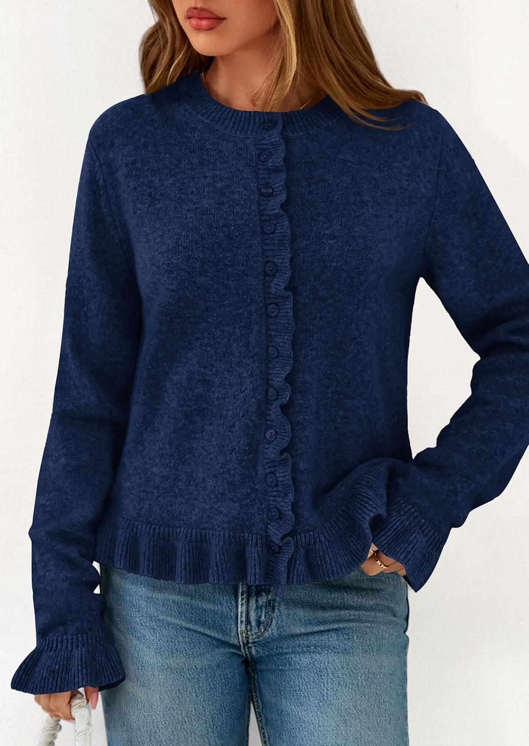 imagePRETTYGARDEN Womens Fall Button Down Cardigans Chunky Knit Ruffle Open Front Cropped Cardigan Sweaters Soft Long Sleeve TopsNavy Blue