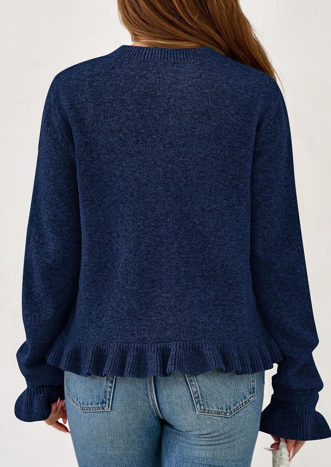 imagePRETTYGARDEN Womens Fall Button Down Cardigans Chunky Knit Ruffle Open Front Cropped Cardigan Sweaters Soft Long Sleeve TopsNavy Blue