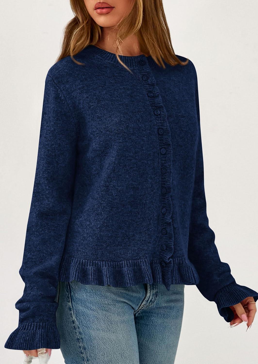 imagePRETTYGARDEN Womens Fall Button Down Cardigans Chunky Knit Ruffle Open Front Cropped Cardigan Sweaters Soft Long Sleeve TopsNavy Blue