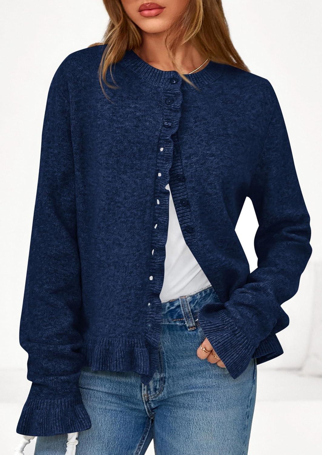imagePRETTYGARDEN Womens Fall Button Down Cardigans Chunky Knit Ruffle Open Front Cropped Cardigan Sweaters Soft Long Sleeve TopsNavy Blue
