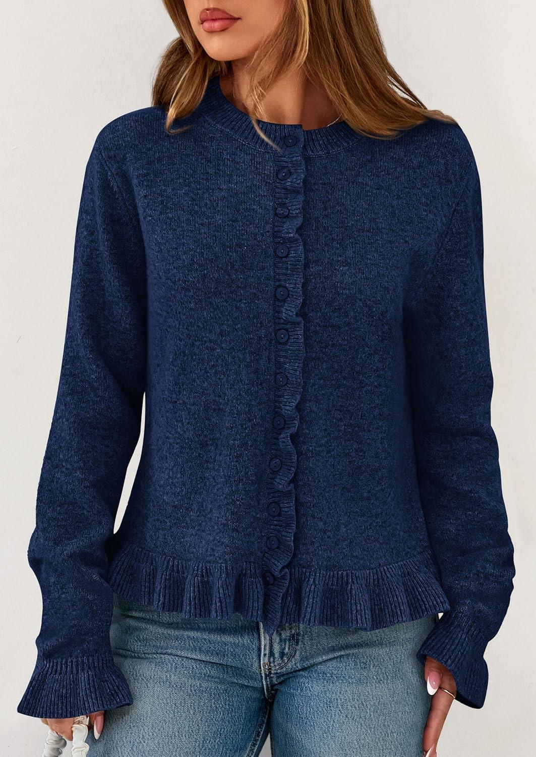 imagePRETTYGARDEN Womens Fall Button Down Cardigans Chunky Knit Ruffle Open Front Cropped Cardigan Sweaters Soft Long Sleeve TopsNavy Blue