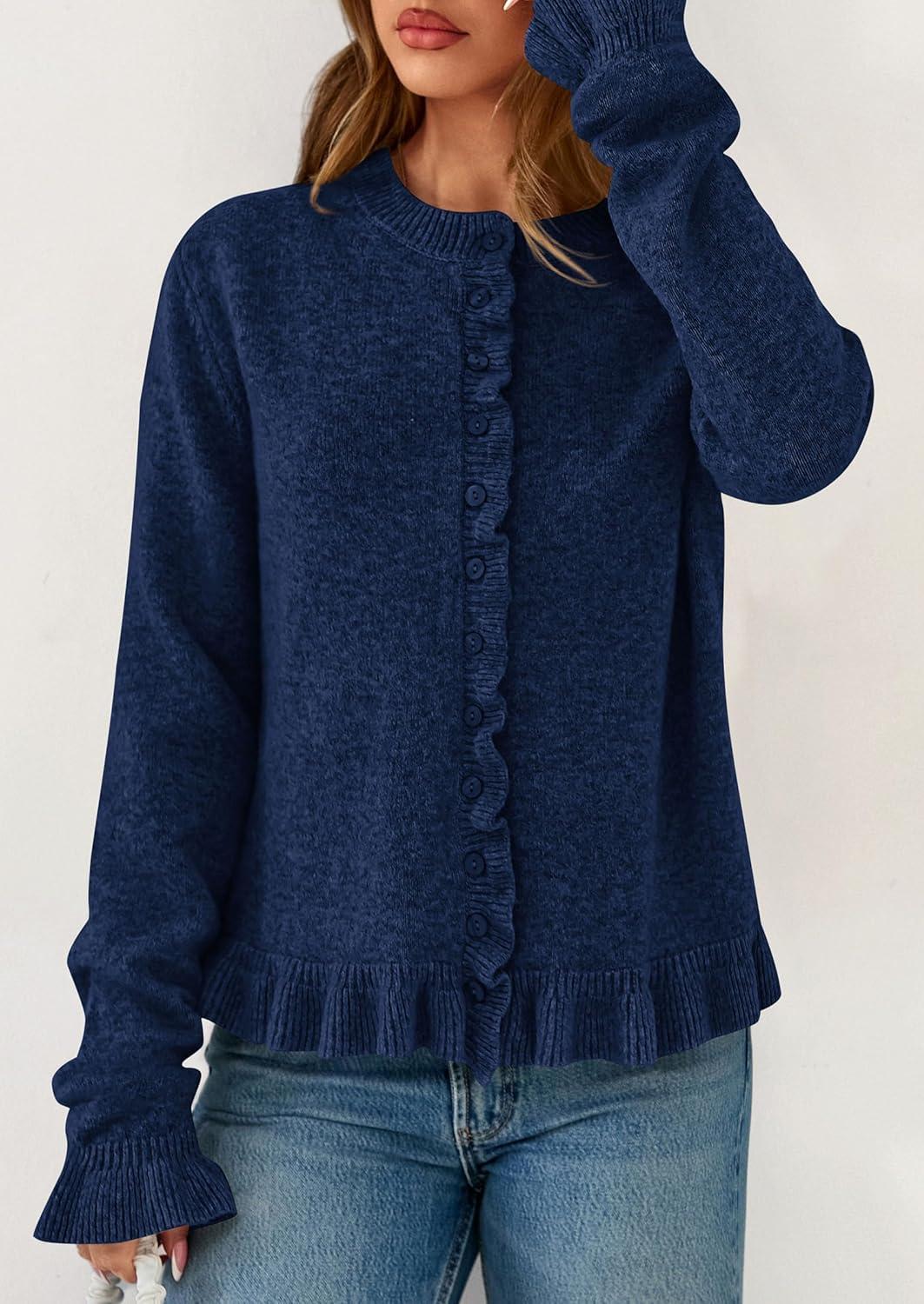 imagePRETTYGARDEN Womens Fall Button Down Cardigans Chunky Knit Ruffle Open Front Cropped Cardigan Sweaters Soft Long Sleeve TopsNavy Blue