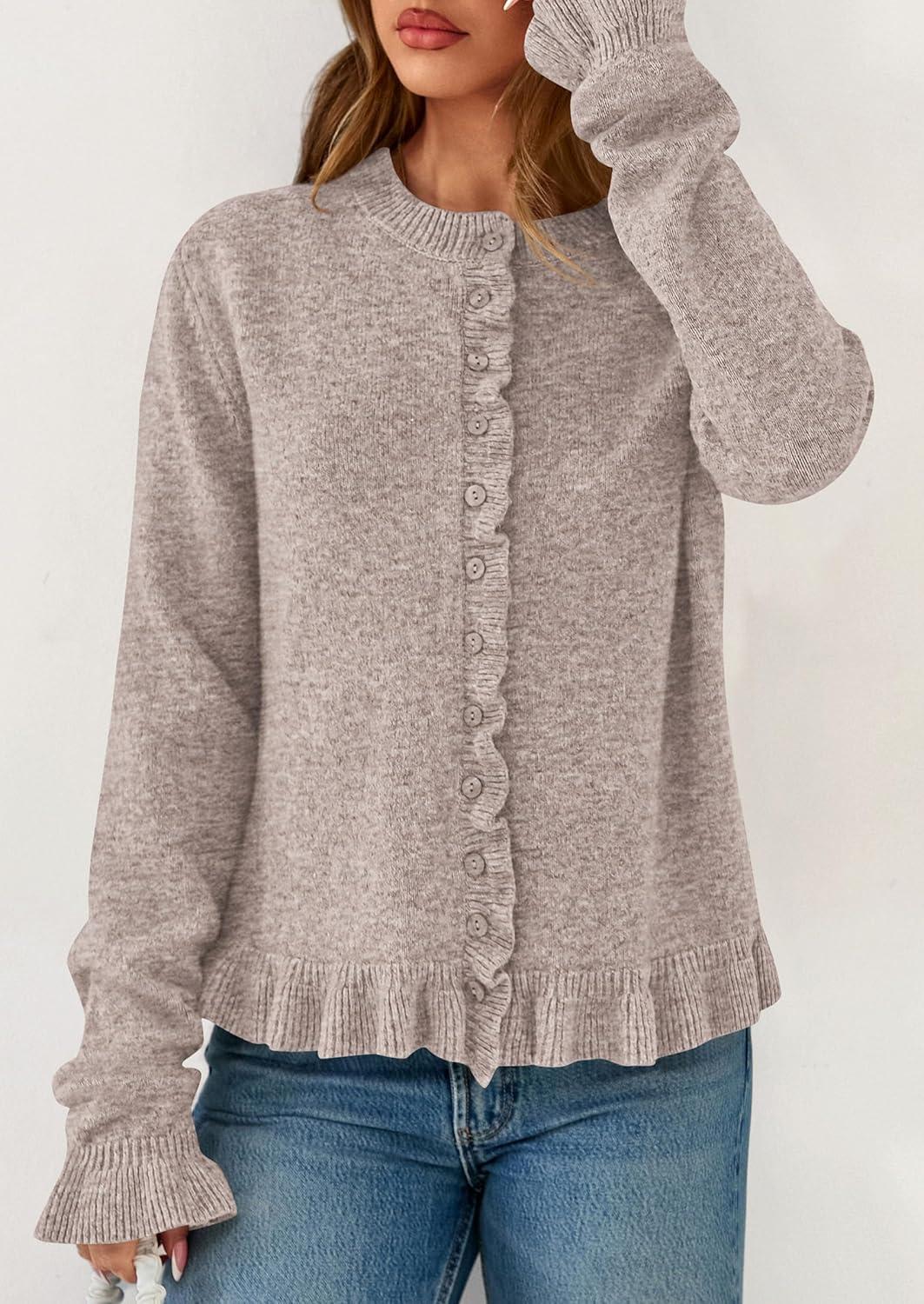 imagePRETTYGARDEN Womens Fall Button Down Cardigans Chunky Knit Ruffle Open Front Cropped Cardigan Sweaters Soft Long Sleeve TopsOatmeal