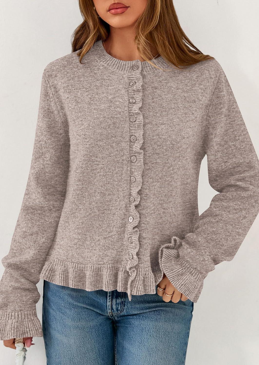 imagePRETTYGARDEN Womens Fall Button Down Cardigans Chunky Knit Ruffle Open Front Cropped Cardigan Sweaters Soft Long Sleeve TopsOatmeal