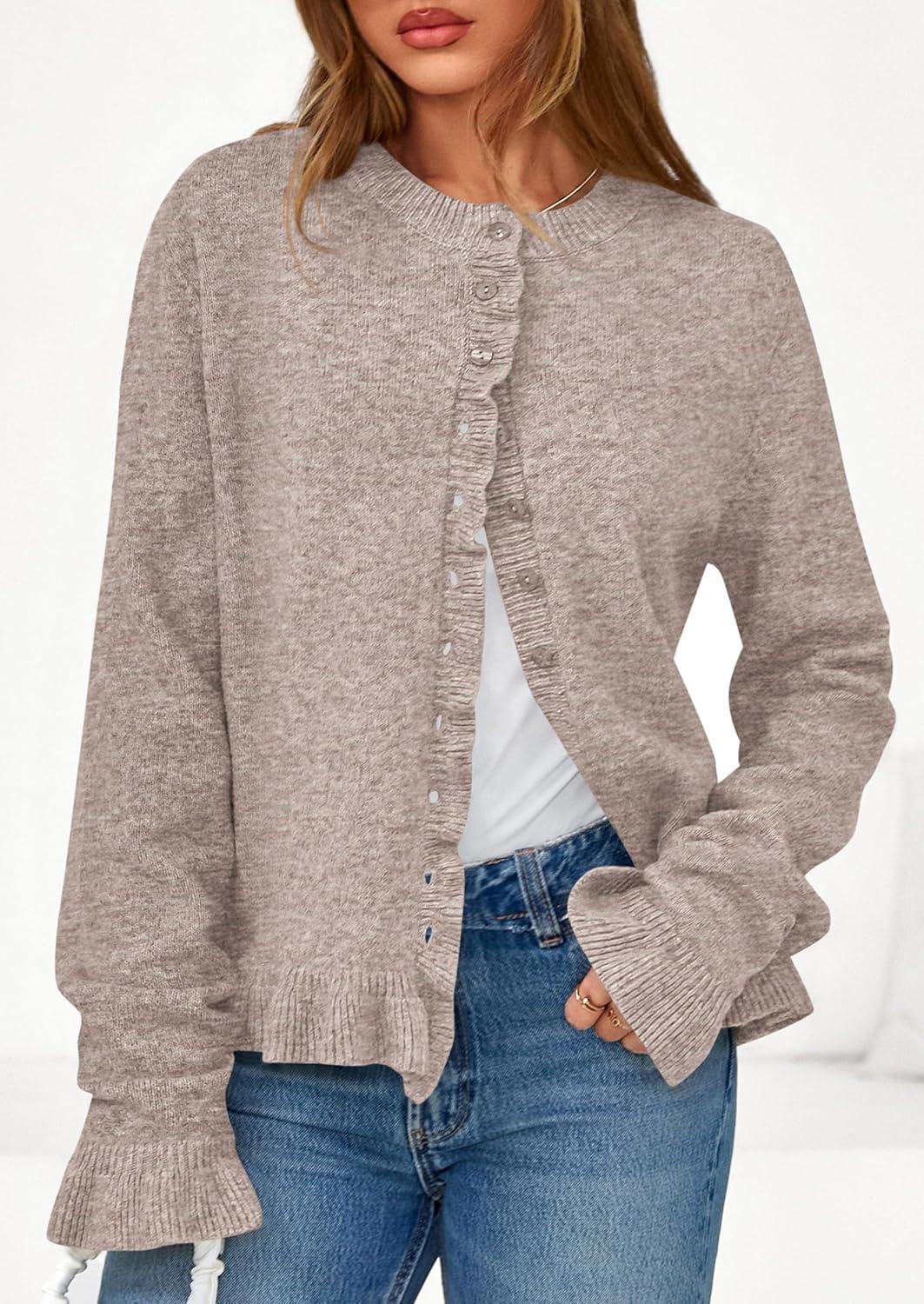 imagePRETTYGARDEN Womens Fall Button Down Cardigans Chunky Knit Ruffle Open Front Cropped Cardigan Sweaters Soft Long Sleeve TopsOatmeal