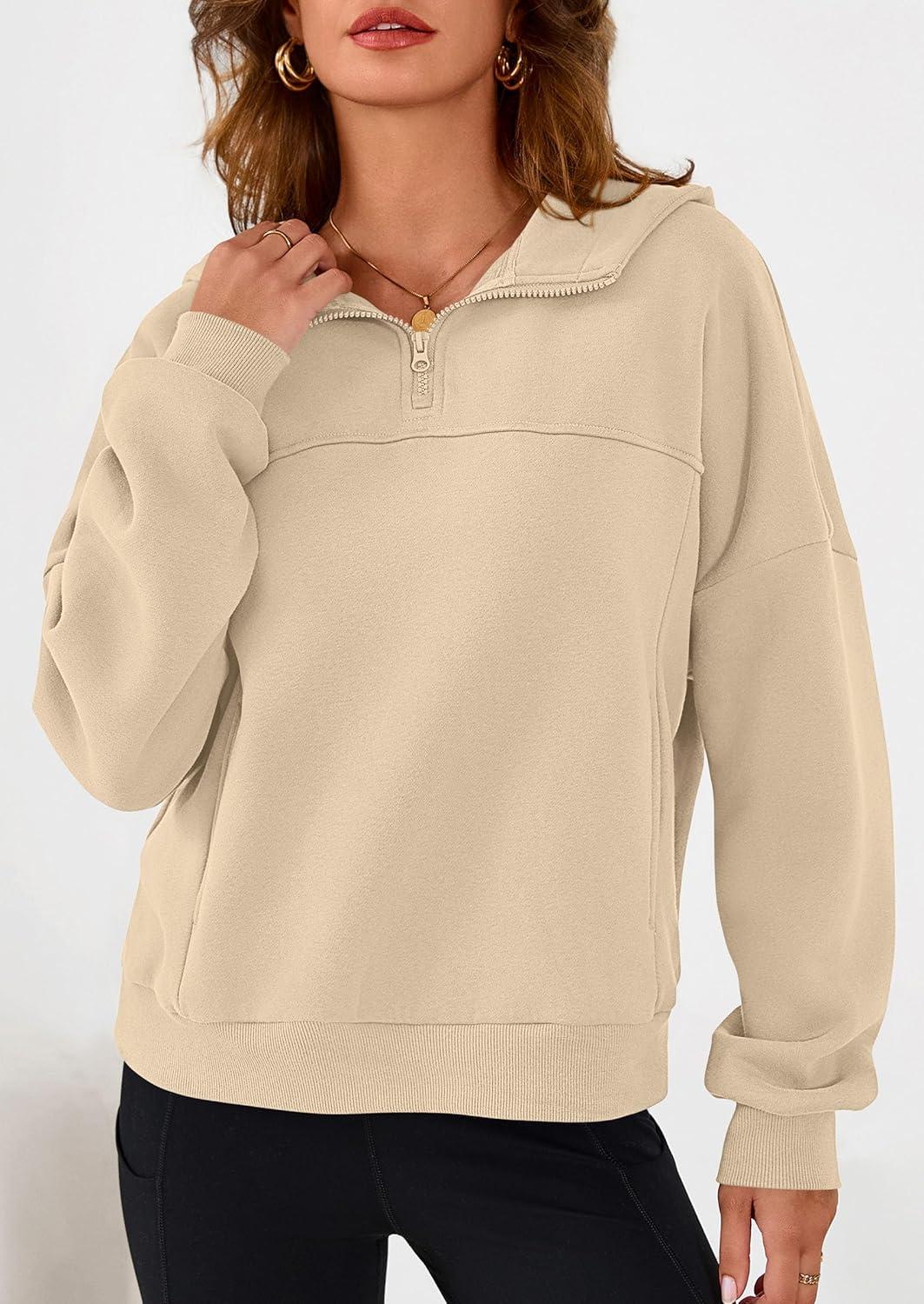 imagePRETTYGARDEN Womens Hoodies Cropped Fleece Sweatshirts 2025 Fall Fashion Quarter Zip Pullover Long Sleeve Tops Winter ClothesApricot