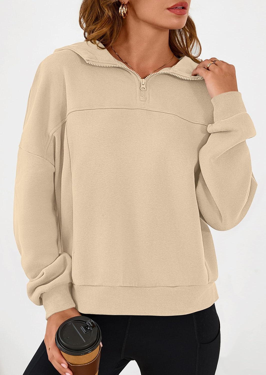 imagePRETTYGARDEN Womens Hoodies Cropped Fleece Sweatshirts 2025 Fall Fashion Quarter Zip Pullover Long Sleeve Tops Winter ClothesApricot