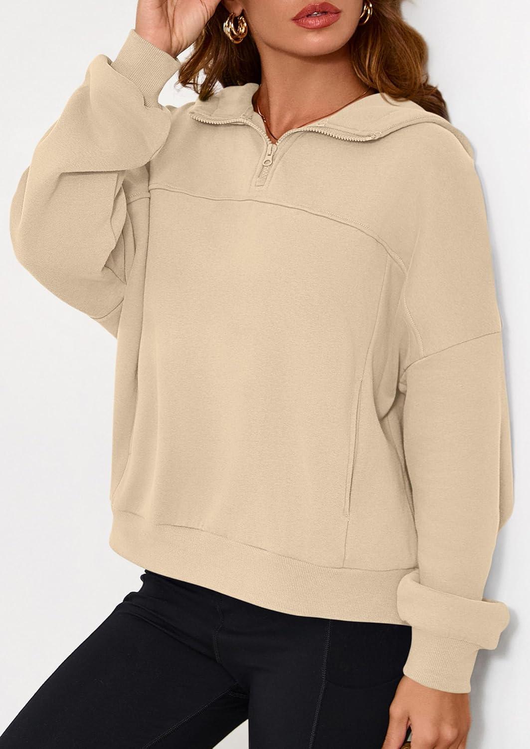 imagePRETTYGARDEN Womens Hoodies Cropped Fleece Sweatshirts 2025 Fall Fashion Quarter Zip Pullover Long Sleeve Tops Winter ClothesApricot