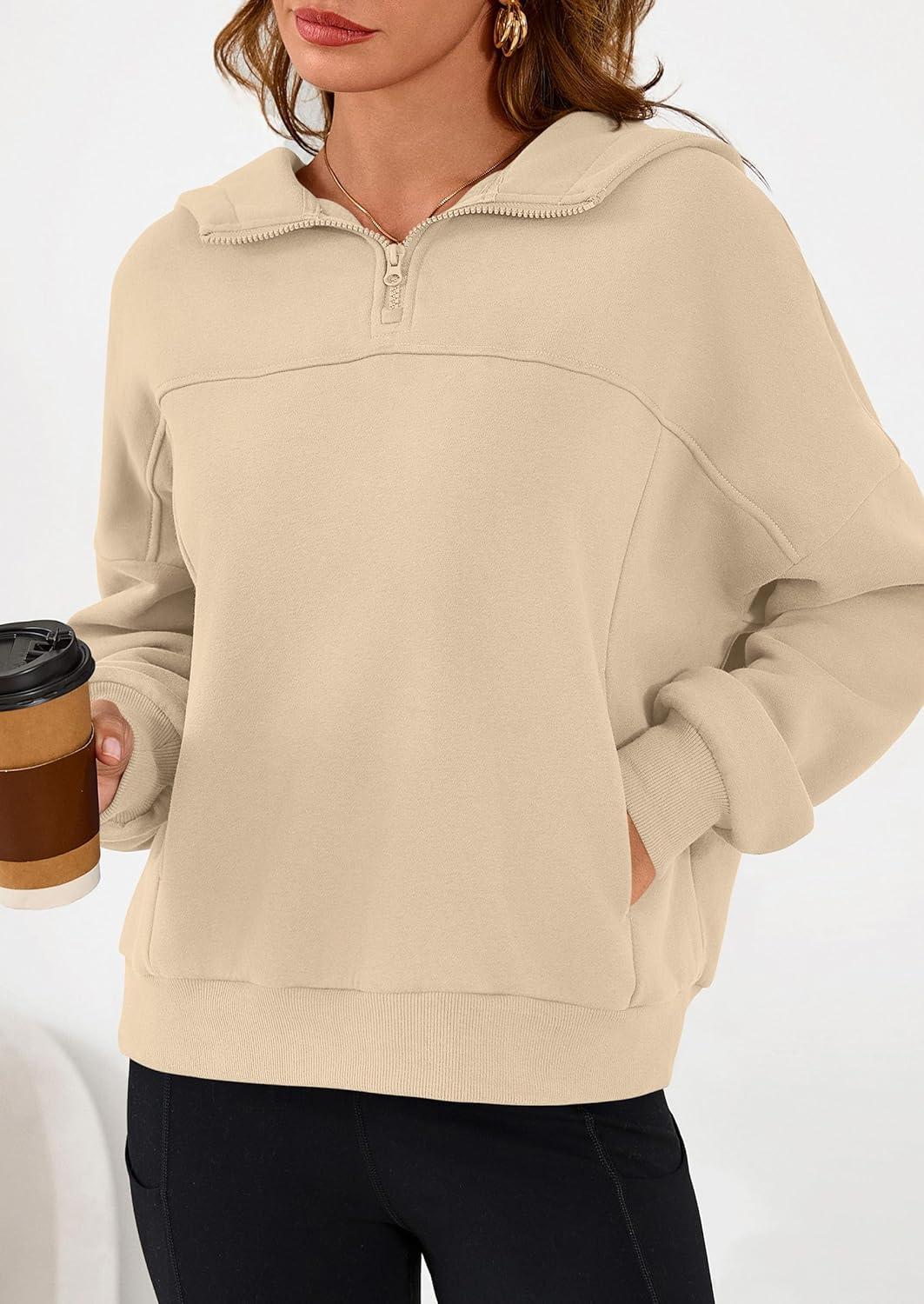 imagePRETTYGARDEN Womens Hoodies Cropped Fleece Sweatshirts 2025 Fall Fashion Quarter Zip Pullover Long Sleeve Tops Winter ClothesApricot