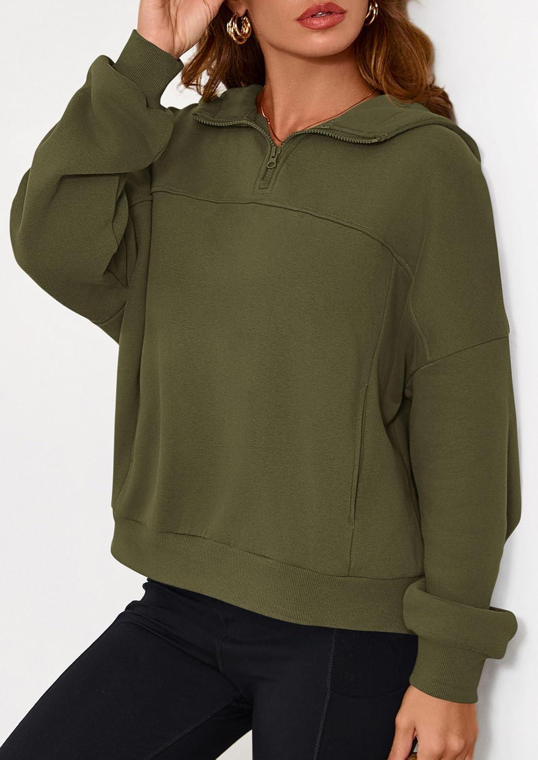imagePRETTYGARDEN Womens Hoodies Cropped Fleece Sweatshirts 2025 Fall Fashion Quarter Zip Pullover Long Sleeve Tops Winter ClothesArmy Green