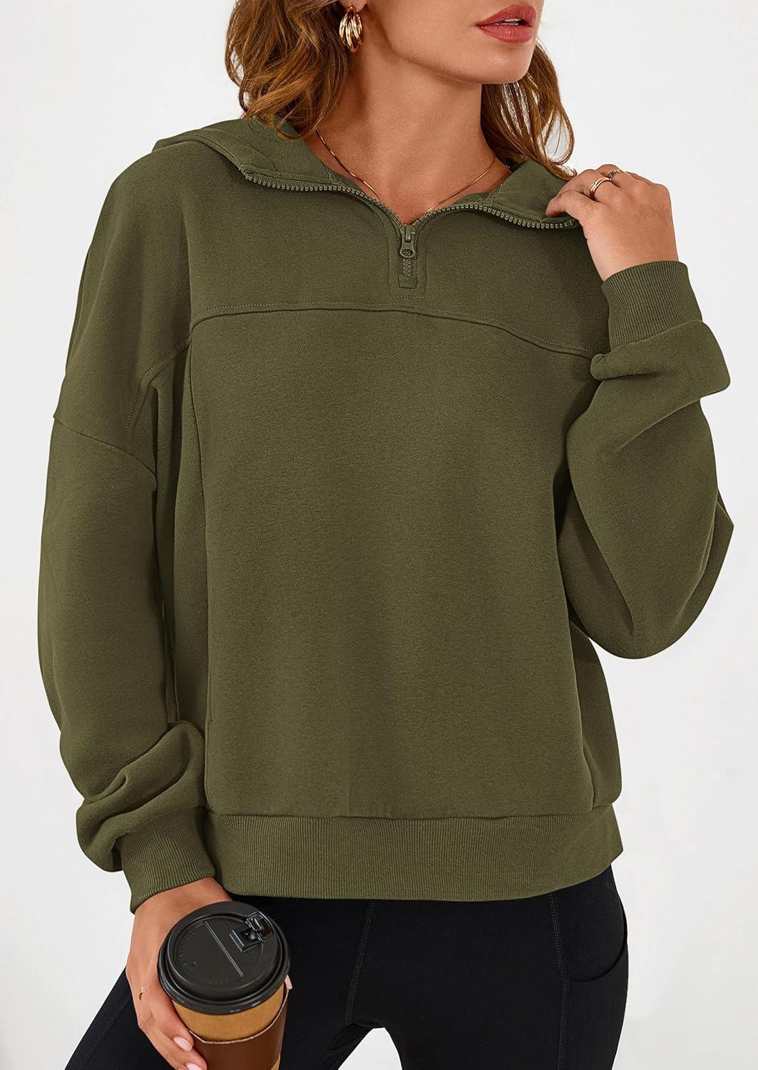 imagePRETTYGARDEN Womens Hoodies Cropped Fleece Sweatshirts 2025 Fall Fashion Quarter Zip Pullover Long Sleeve Tops Winter ClothesArmy Green