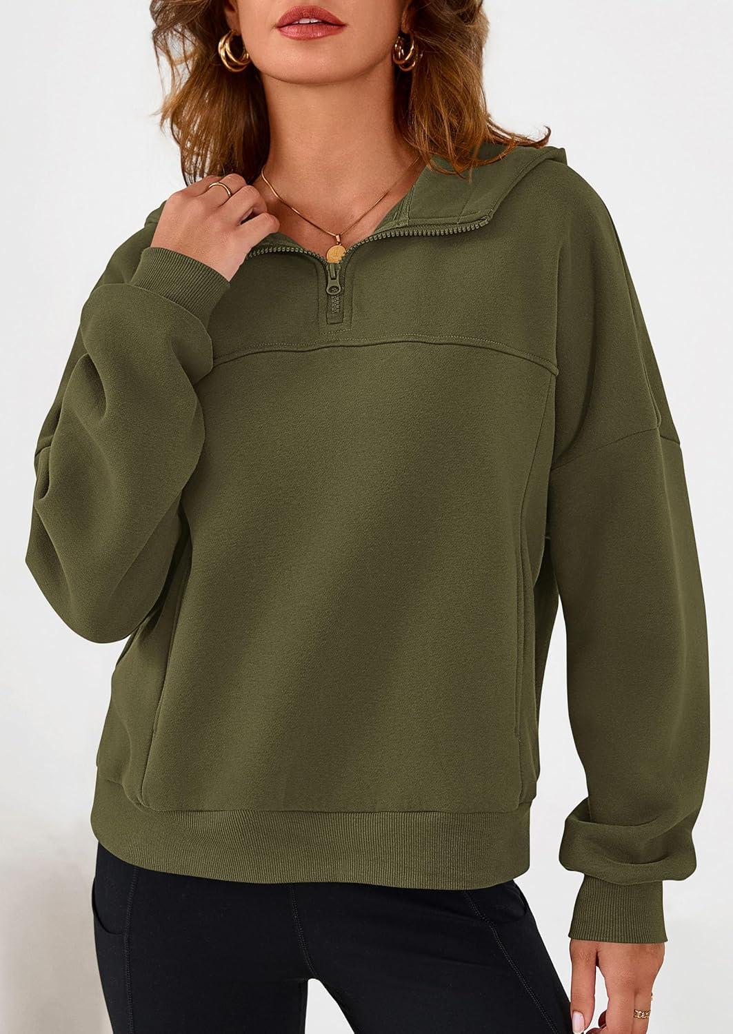 imagePRETTYGARDEN Womens Hoodies Cropped Fleece Sweatshirts 2025 Fall Fashion Quarter Zip Pullover Long Sleeve Tops Winter ClothesArmy Green