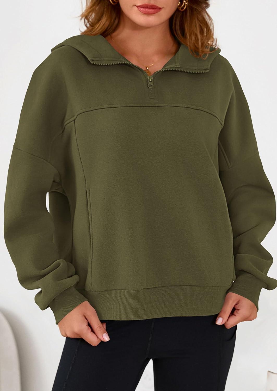 imagePRETTYGARDEN Womens Hoodies Cropped Fleece Sweatshirts 2025 Fall Fashion Quarter Zip Pullover Long Sleeve Tops Winter ClothesArmy Green