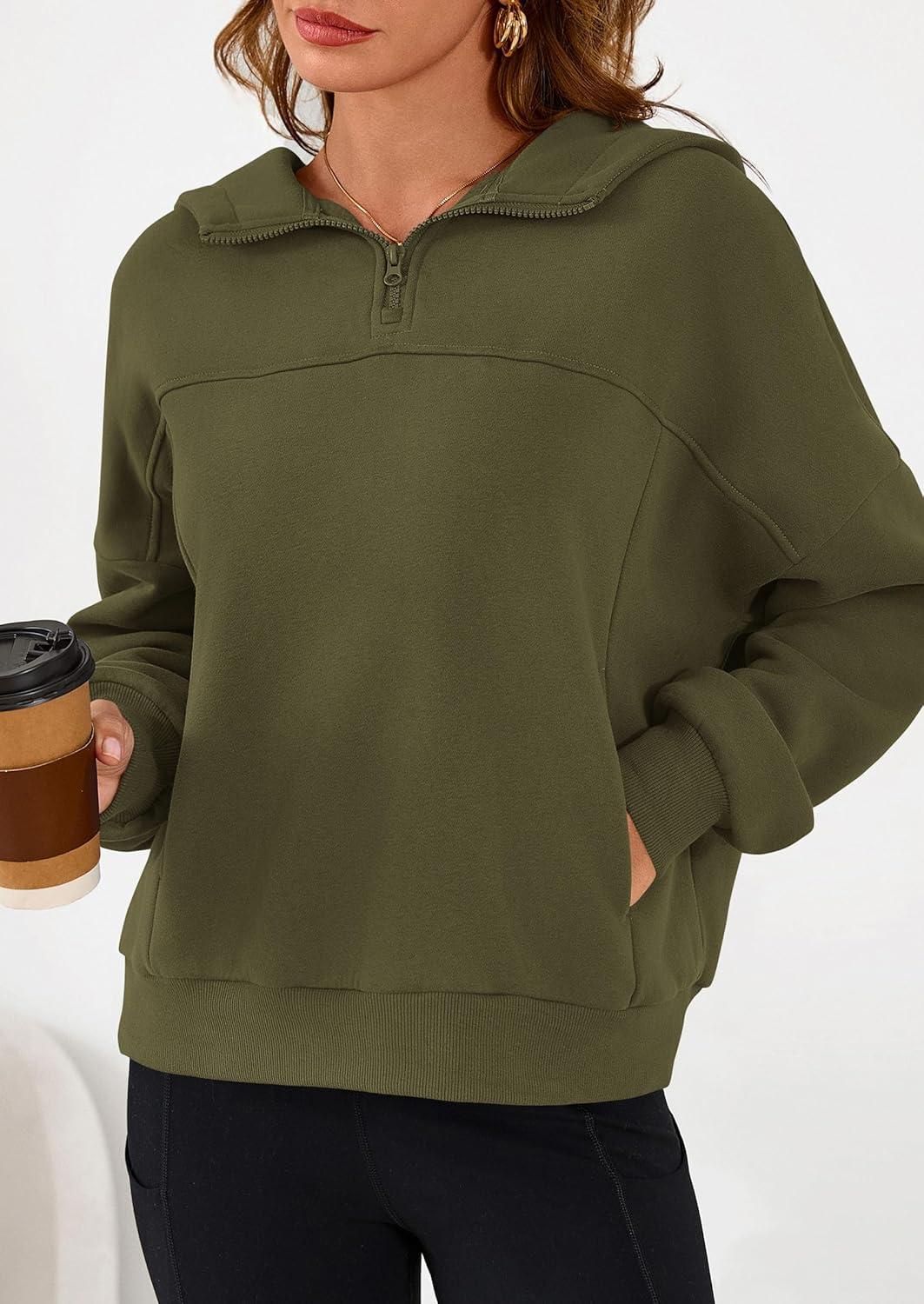 imagePRETTYGARDEN Womens Hoodies Cropped Fleece Sweatshirts 2025 Fall Fashion Quarter Zip Pullover Long Sleeve Tops Winter ClothesArmy Green