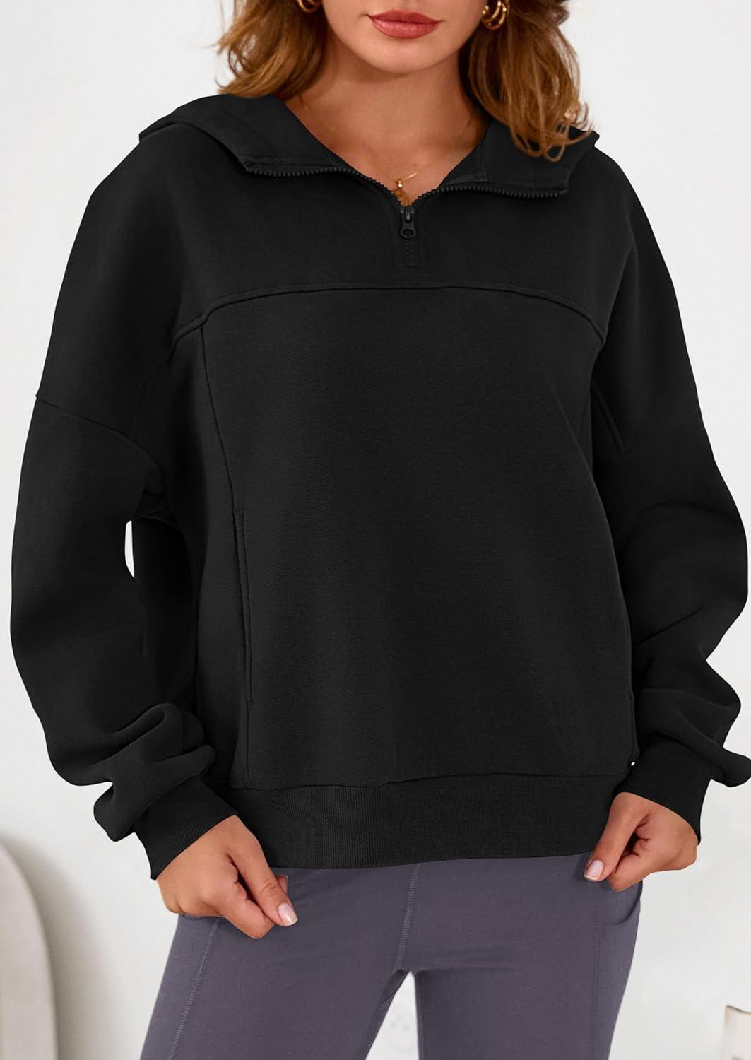 imagePRETTYGARDEN Womens Hoodies Cropped Fleece Sweatshirts 2025 Fall Fashion Quarter Zip Pullover Long Sleeve Tops Winter ClothesBlack