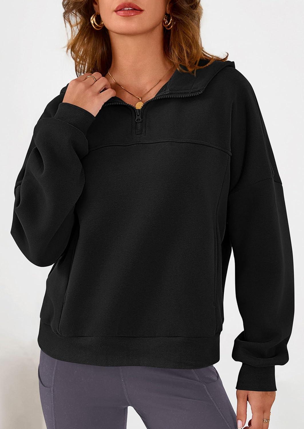 imagePRETTYGARDEN Womens Hoodies Cropped Fleece Sweatshirts 2025 Fall Fashion Quarter Zip Pullover Long Sleeve Tops Winter ClothesBlack