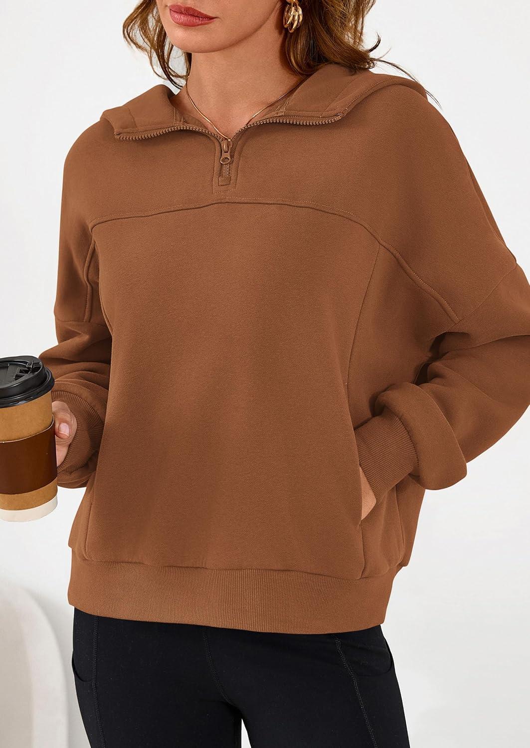 imagePRETTYGARDEN Womens Hoodies Cropped Fleece Sweatshirts 2025 Fall Fashion Quarter Zip Pullover Long Sleeve Tops Winter ClothesBrown