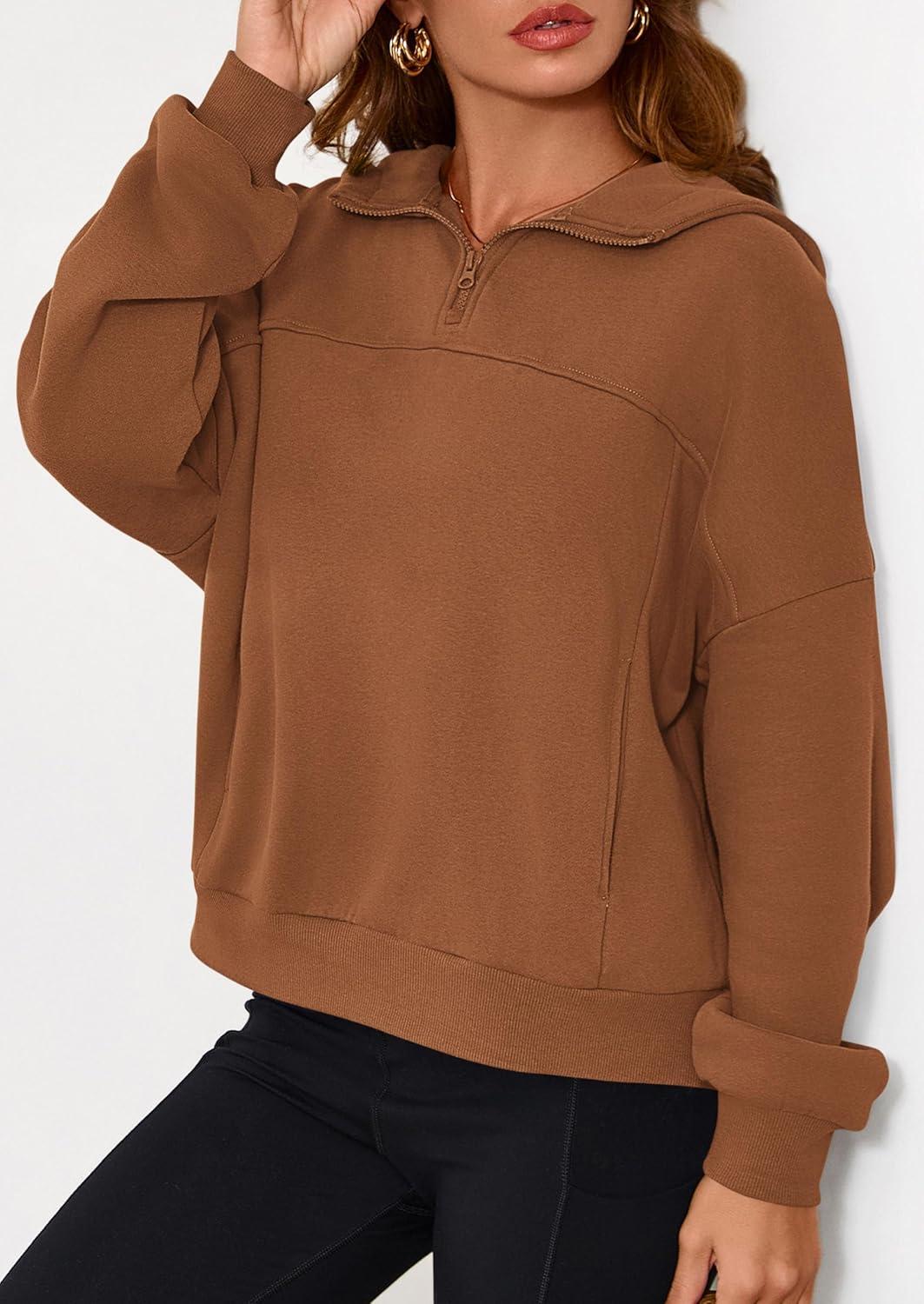 imagePRETTYGARDEN Womens Hoodies Cropped Fleece Sweatshirts 2025 Fall Fashion Quarter Zip Pullover Long Sleeve Tops Winter ClothesBrown