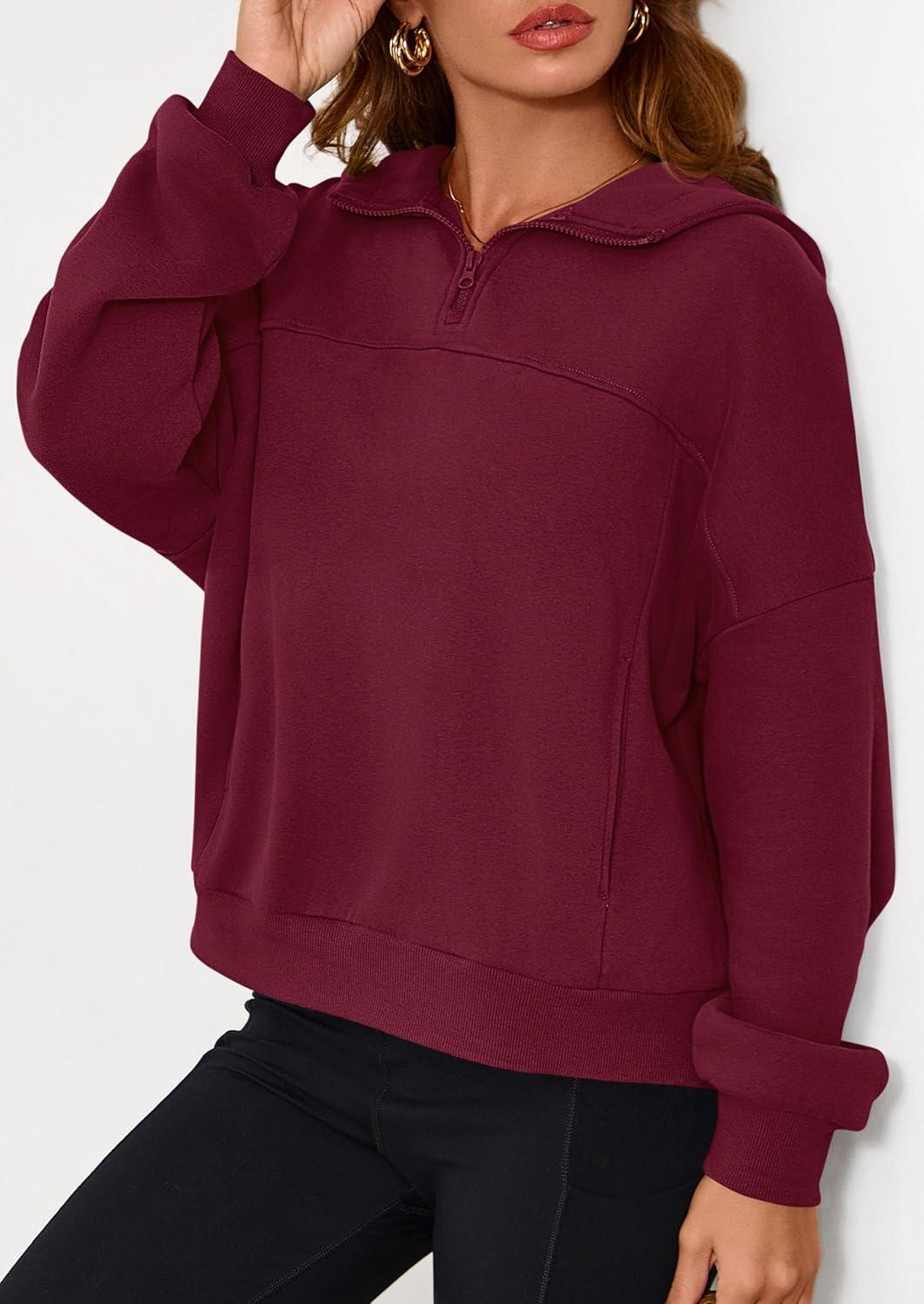 imagePRETTYGARDEN Womens Hoodies Cropped Fleece Sweatshirts 2025 Fall Fashion Quarter Zip Pullover Long Sleeve Tops Winter ClothesBurgundy