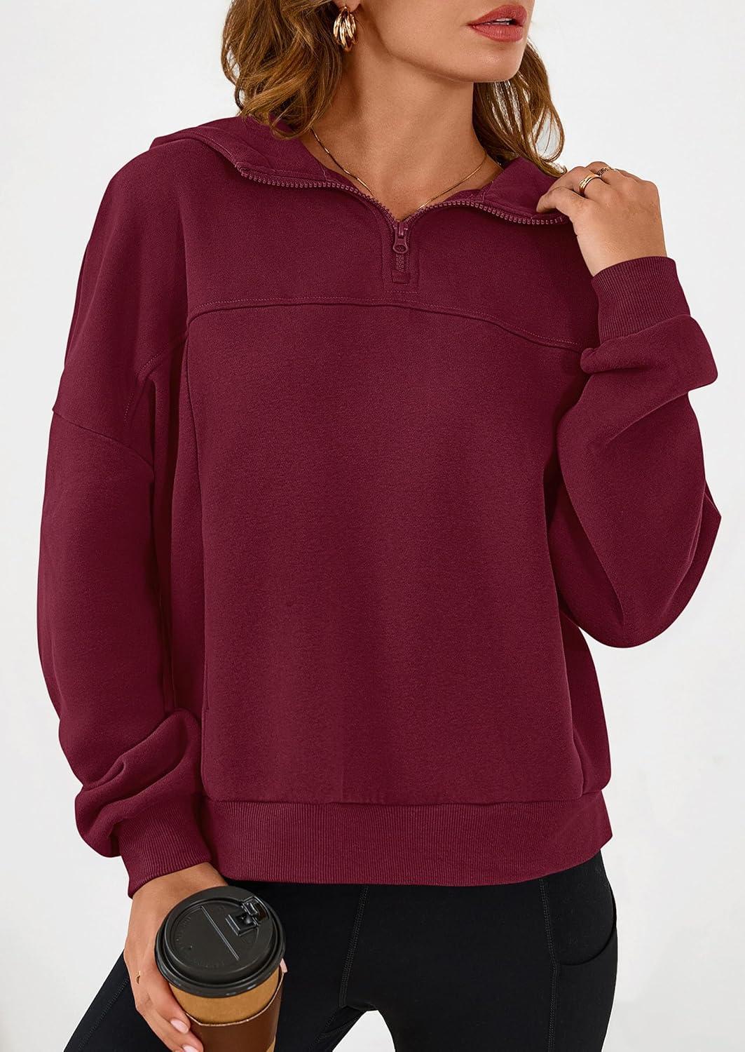 imagePRETTYGARDEN Womens Hoodies Cropped Fleece Sweatshirts 2025 Fall Fashion Quarter Zip Pullover Long Sleeve Tops Winter ClothesBurgundy