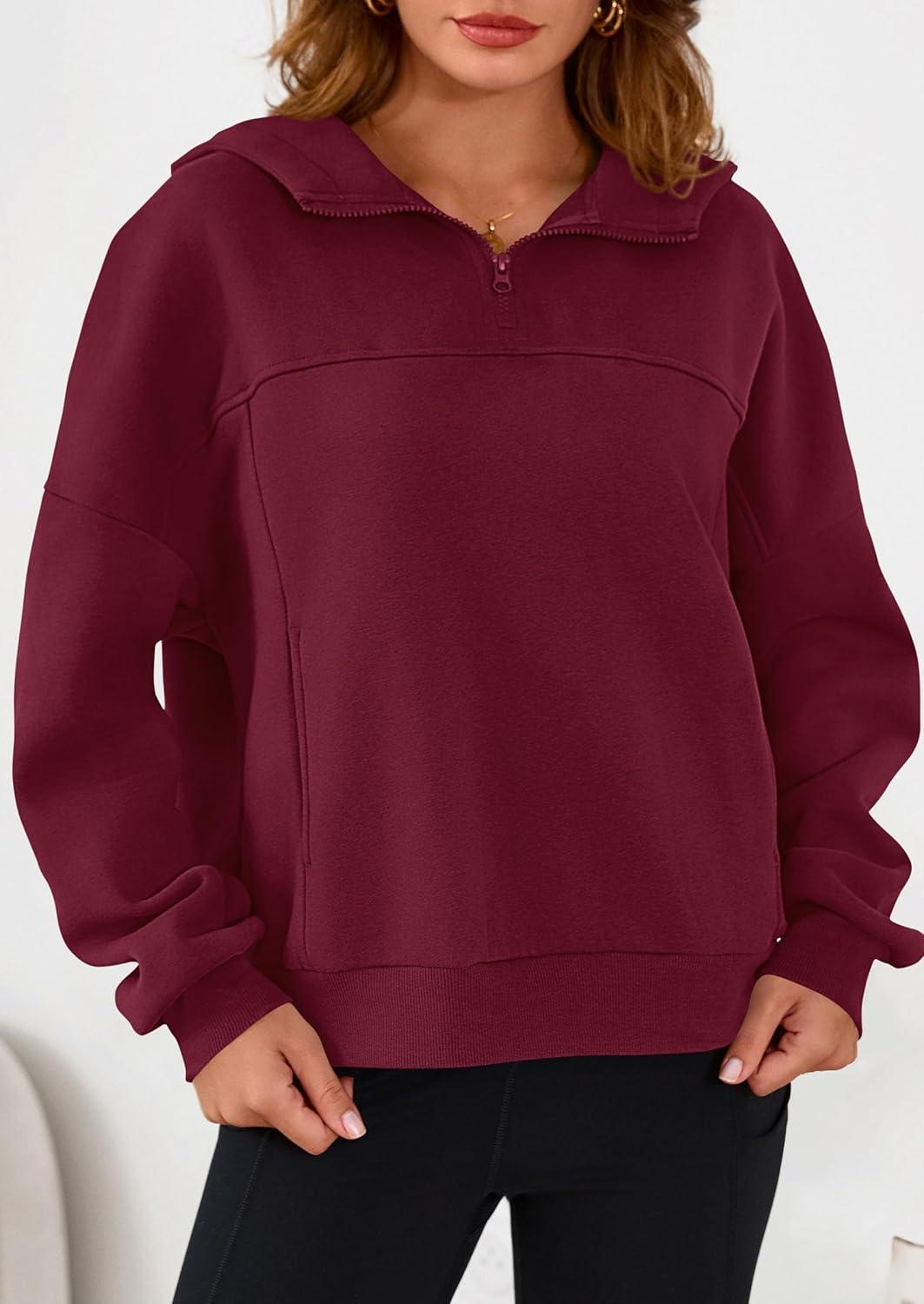imagePRETTYGARDEN Womens Hoodies Cropped Fleece Sweatshirts 2025 Fall Fashion Quarter Zip Pullover Long Sleeve Tops Winter ClothesBurgundy