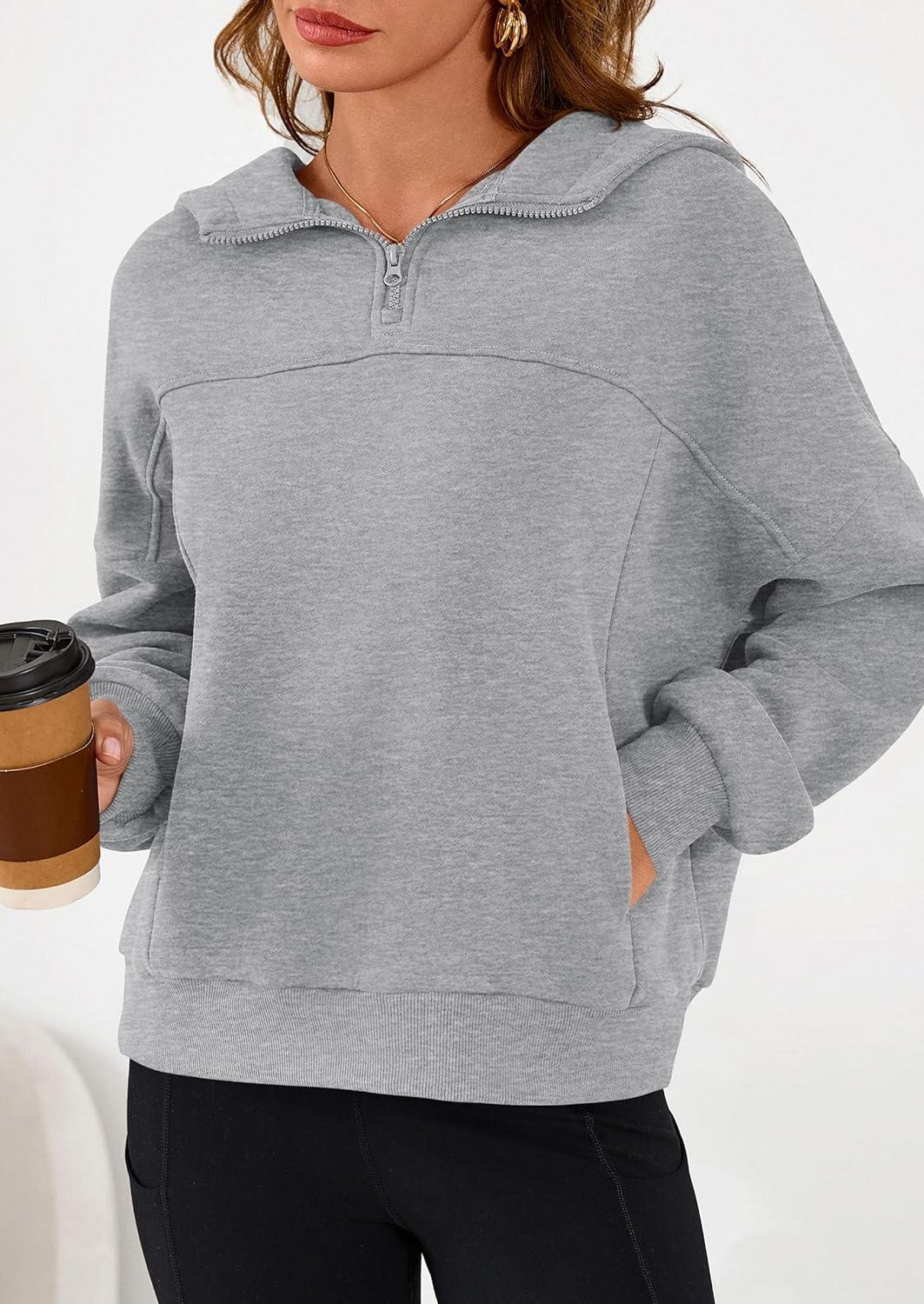 imagePRETTYGARDEN Womens Hoodies Cropped Fleece Sweatshirts 2025 Fall Fashion Quarter Zip Pullover Long Sleeve Tops Winter ClothesGrey