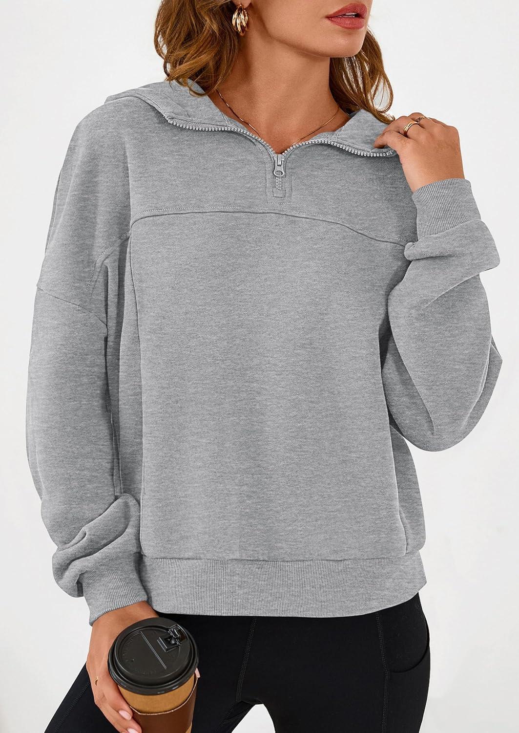 imagePRETTYGARDEN Womens Hoodies Cropped Fleece Sweatshirts 2025 Fall Fashion Quarter Zip Pullover Long Sleeve Tops Winter ClothesGrey