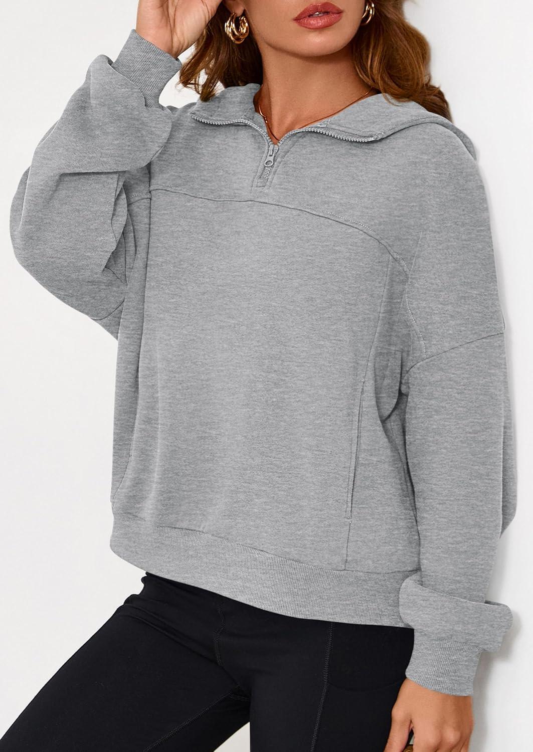 imagePRETTYGARDEN Womens Hoodies Cropped Fleece Sweatshirts 2025 Fall Fashion Quarter Zip Pullover Long Sleeve Tops Winter ClothesGrey