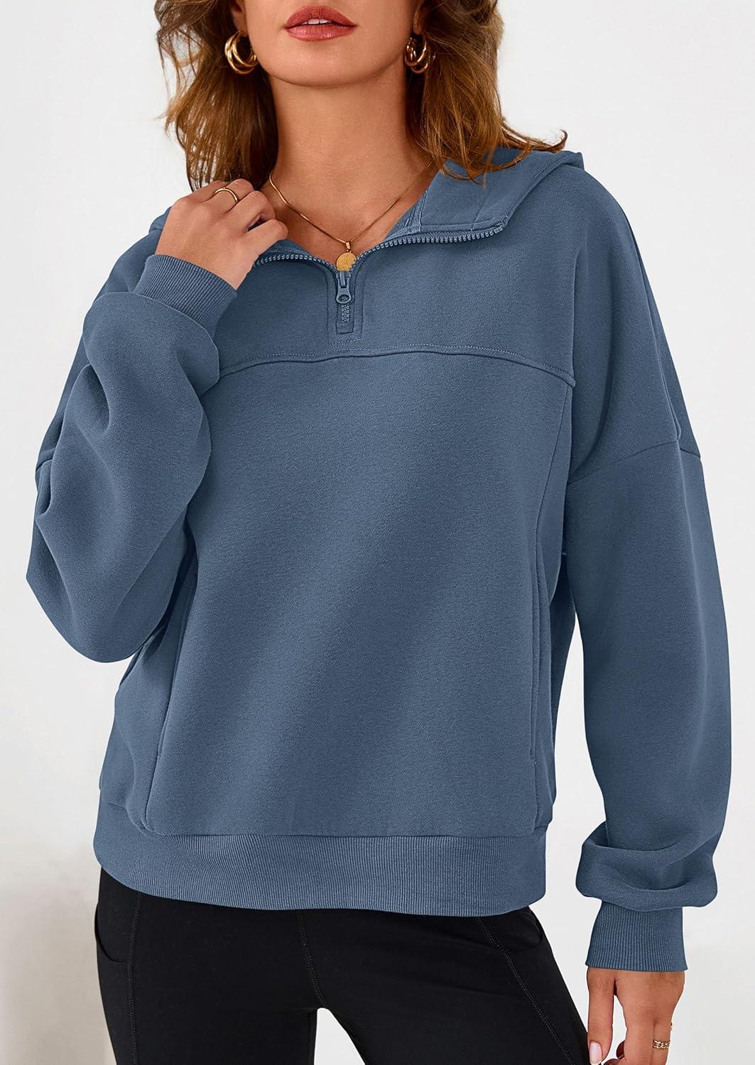 imagePRETTYGARDEN Womens Hoodies Cropped Fleece Sweatshirts 2025 Fall Fashion Quarter Zip Pullover Long Sleeve Tops Winter ClothesGrey Blue